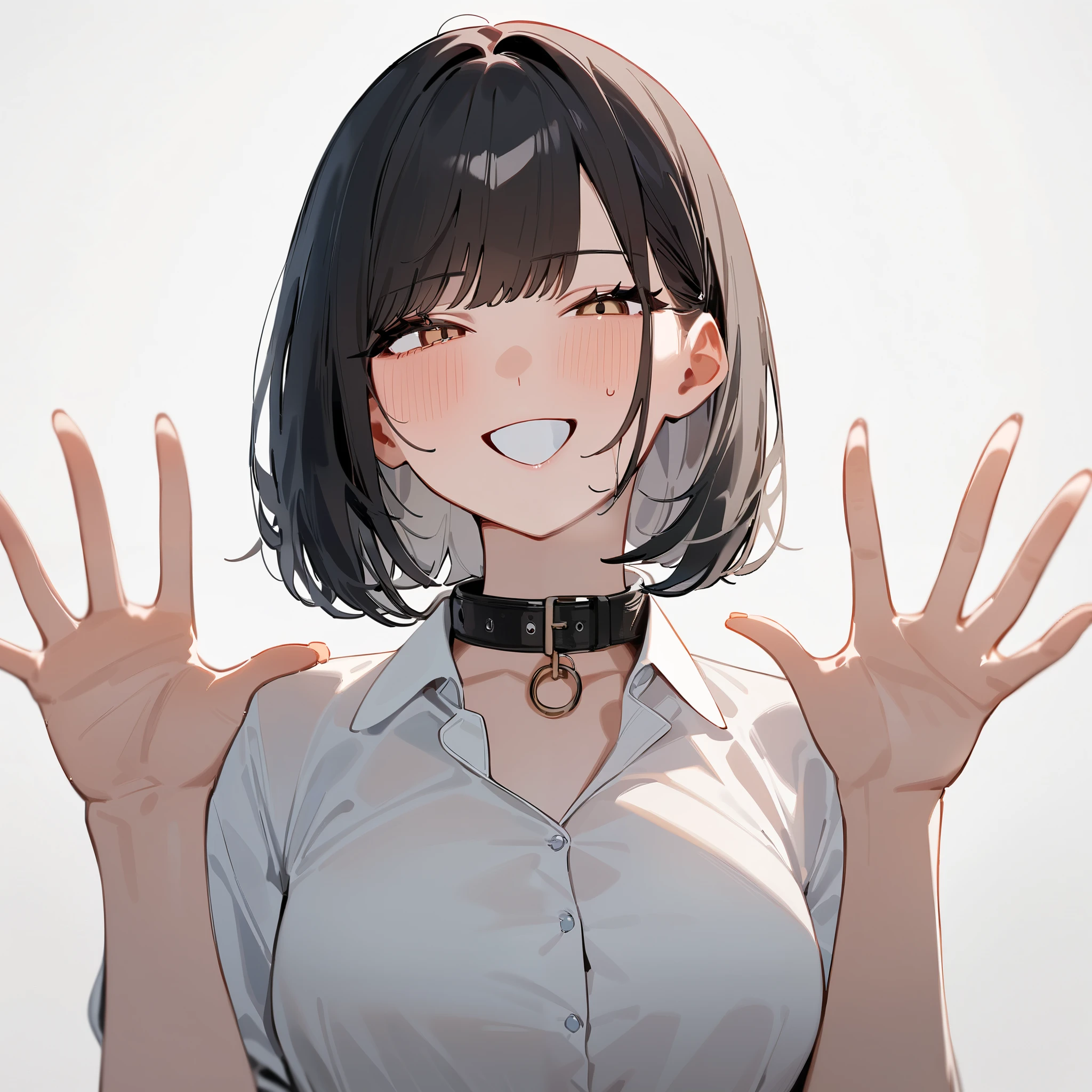 masterpiece, top quality, so beautiful, absurd,
one girl, alone, black hair, bob cut,
Thermont 16A, glass, 
collar shirt、very happy expression、show viewers,  white background, simple background,
 