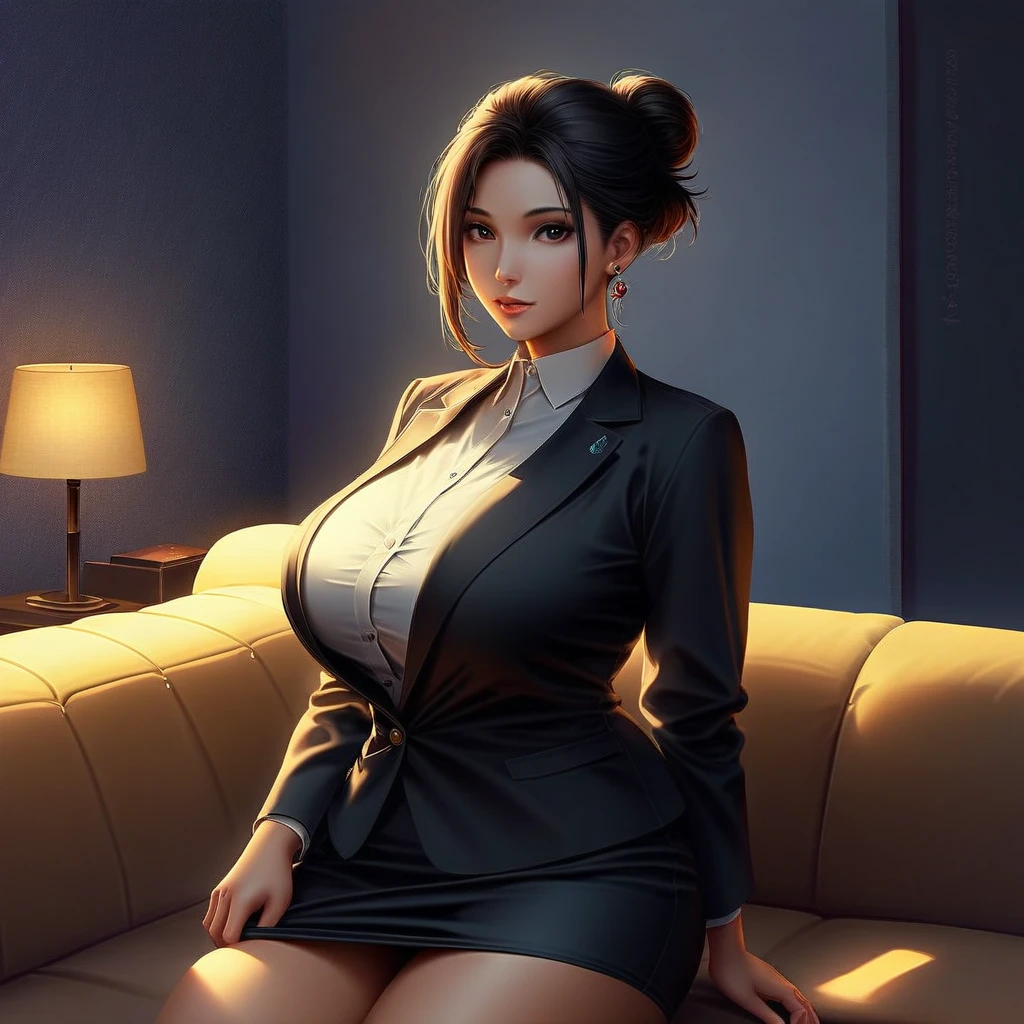 a woman sitting in the office room, a white wall, a grey table, posters on the wall, sexy poses,
(((masterpiece))), ((best quality)), ((intricate detailed)), ((Hyperrealistic)), absurd res, milf, mature woman, perspective, highly detailed, illustration, 1girl, ((big breasts)), perfect hands, detailed fingers, beautiful detailed eyes, long hair, brown eyes, nametag, CEO, (business outfit:1.2), open office shirt, cleavage, tight skirt, black choker, earrings, stockings, detailed background, bedroom, perfect eyes, seductive eyes, looking at the viewer, from front