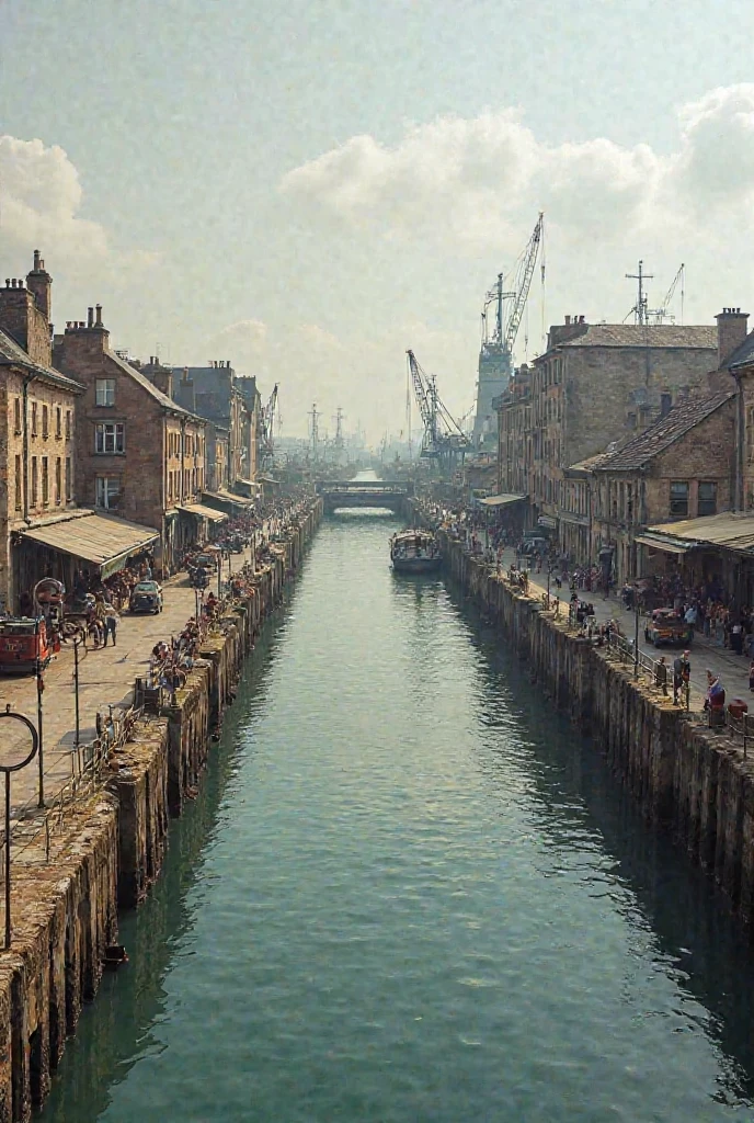 The port district (“Port de l'Est”) with the large canal, which stretches to the center of the harbor basin, is characterized by wooden and stone docks, warehouses with cranes, hustle and bustle by tugs, transport ships and carts, simple harbor bars and hotels for merchants and sailors, a second small station for goods and customs as well as war warehouses and sandbags along the quays due to some damage.