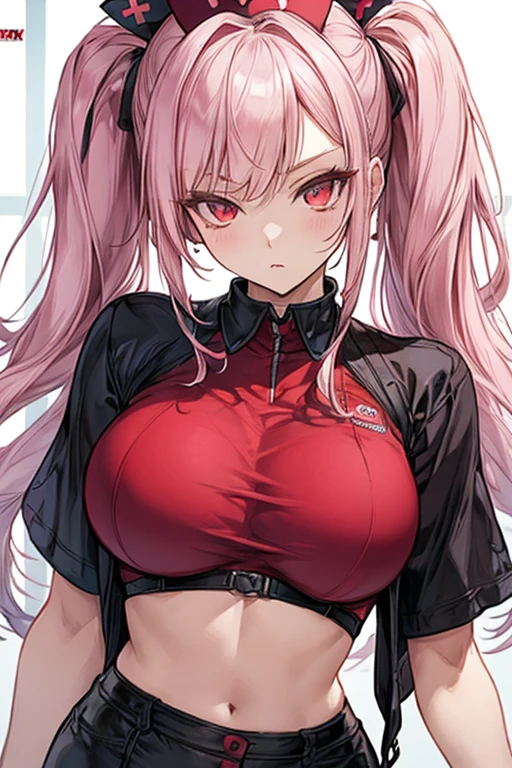 zero two \(darling on franxx\), darling on franxx, 1girl, closed mouth, tired, sweat, bangs, bite, shadow, green eyes, hair behind head, horns, long hair, looking at viewer, big thighs, makeup, small breasts, , shirt, red pants, pink hair, red eyeshadow, science fiction, tight skin, solo