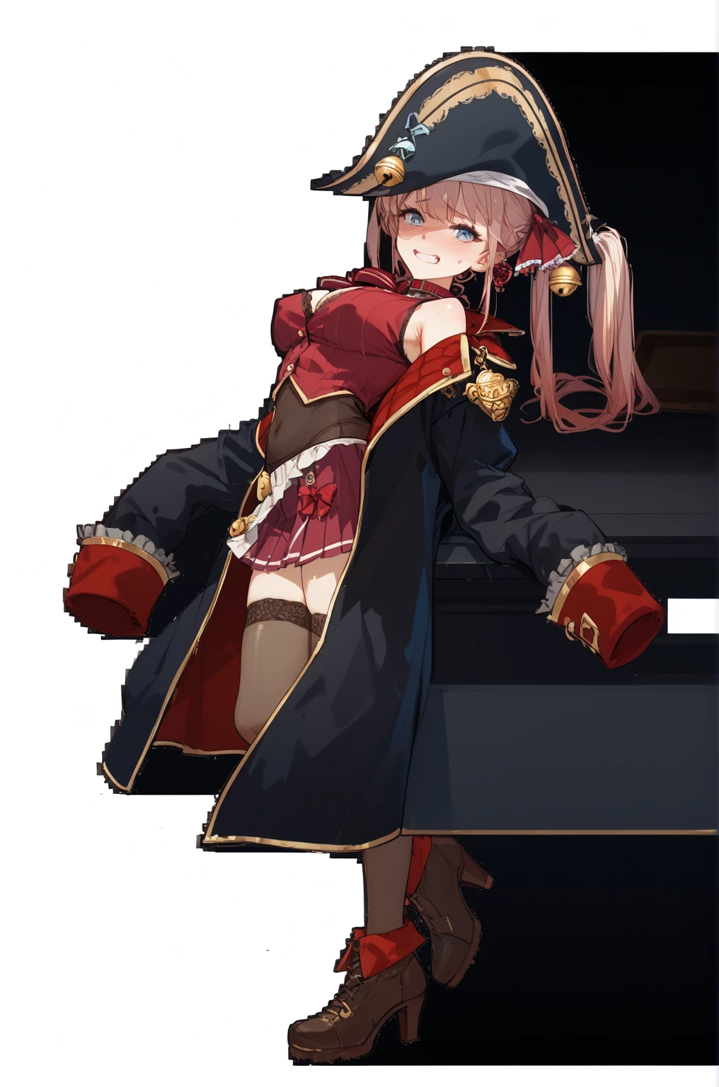 heterochromia, eyepatch, marine_gothic, red dress, frills, detached sleeves, black gloves, corset, black ribbon, black bowtie, white thighhighs, <lora:houshouMarine-Unison:1> BREAK
pirate ship, sea, pirates, wooden ship, boat, BREAK
2d, masterpiece, best quality, anime, highly detailed face, highly detailed background, perfect lighting, <lora:thickerLinesAnime:0.6>, <lora:epiNoieseOffsetV2:1>