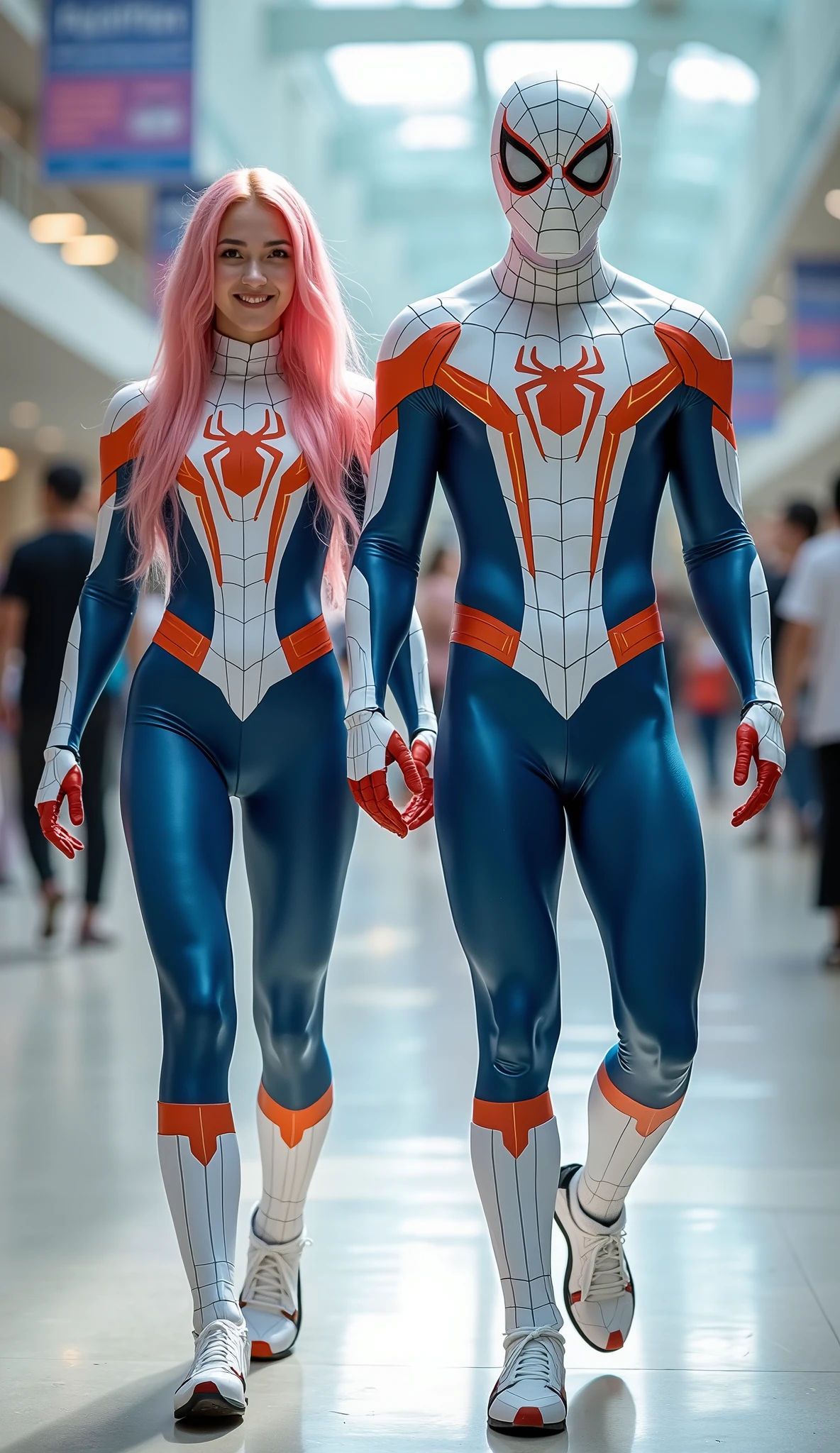 character: ung man with mask full head, and 1 yowomen. They have pink hair and They have Handsome faces.
action: Walk straight and look straight ahead.
Expression : smiling.
Costume : they Wearing futuristic white blue orange Spiderman body suit.
Background : A bright indoor public space , with people vaguely seen in the distance, shows that this picture was taken at a fun event or get-together, maybe a convention or costume . They radiate happiness as they walk confidently in their superhero costumes. Show the whole body.