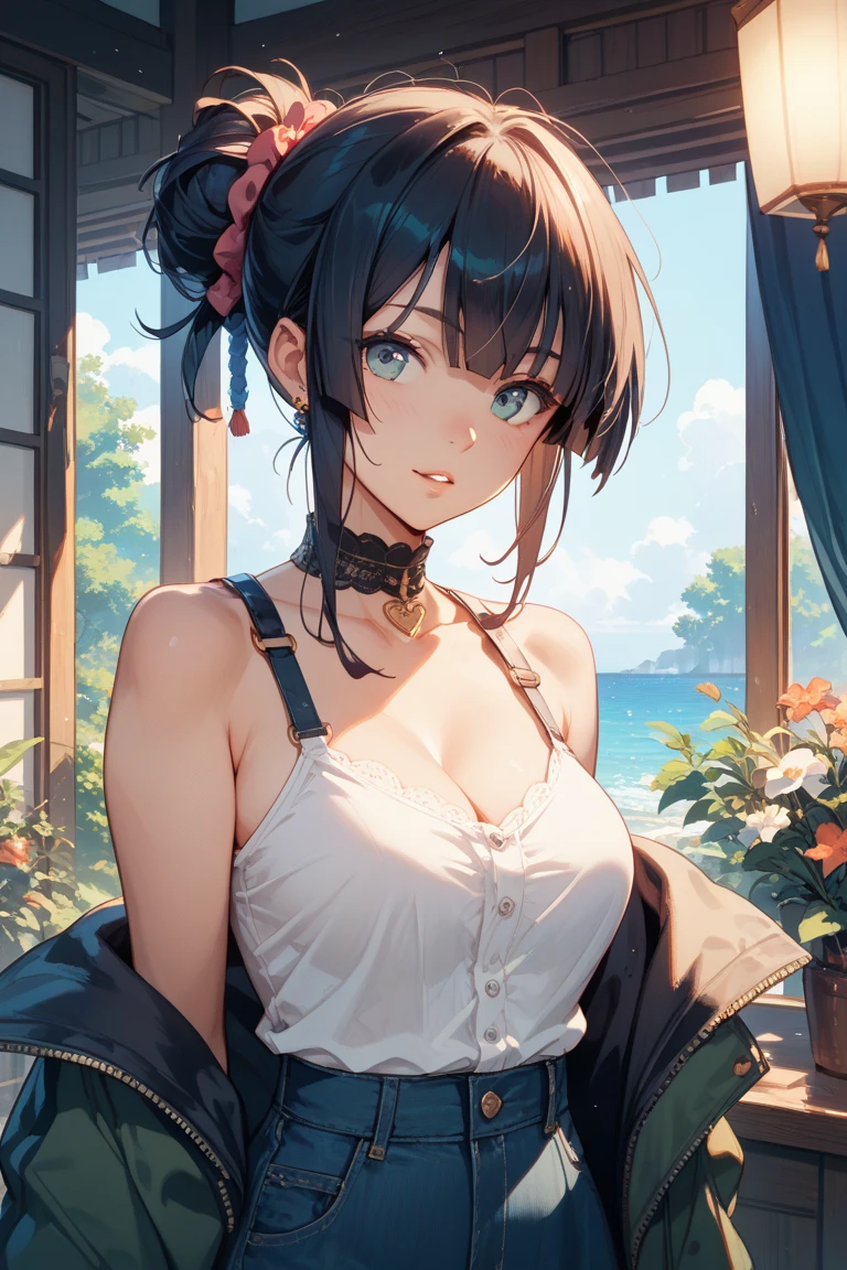 (dynamic angle:1.3, front view:1.1, breast focus:1.3, from above:1.2), (dynamic posing:1.2, sexy posing:1.2), (seductive smiling:1.3), highest quality、(real、photorealistic:1.4),(ultra high resolution, 8K RAW photo, clear focus), best qualtiy, natural lighting, field depth, (Bright pupils, detailed beautiful blue eyes, high detailed face), (tight focus:1.2), a girl 28yo old, Thicc, thin breast, long hair, blue eyes,garter stocking, cleavage:1.2, midriff, black shorts, black thighhighs, thigh strap, pretty girl, (highly detailed beautiful face and eyes,firm breasts),real skin,((black,hair,long pony tail hair)),thin pubic hair,cute,lovely, detailed eyes,(double breasted:1.0,under bust:1.0),(with sparkling eyes and a contagious smile),soft open mouth, Looking at Viewer,

