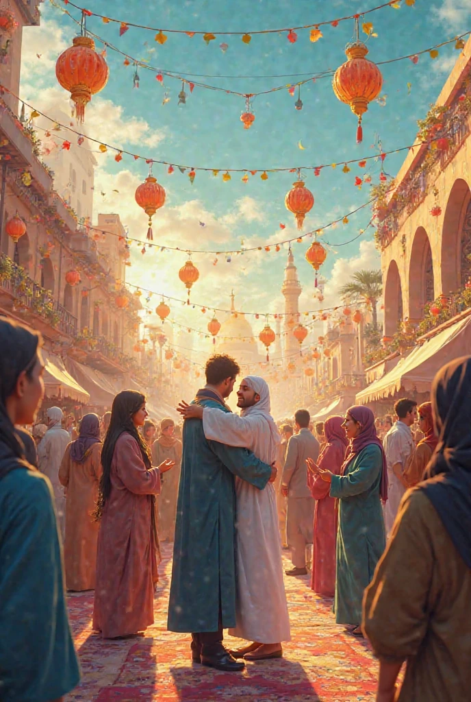 Draw a lively scene of a religious festival. Include people in traditional attire celebrating, such as sharing food, exchanging gifts, or engaging in festive activities. Add prominent symbols related to the festival, like lanterns for Eid, diyas for Diwali, or Christmas trees for Christmas. Decorate the scene with colorful banners and patterns to enhance the festive mood. Make sure the drawing conveys a sense of joy and celebration and eid 2 Muslim boys hugging themselves