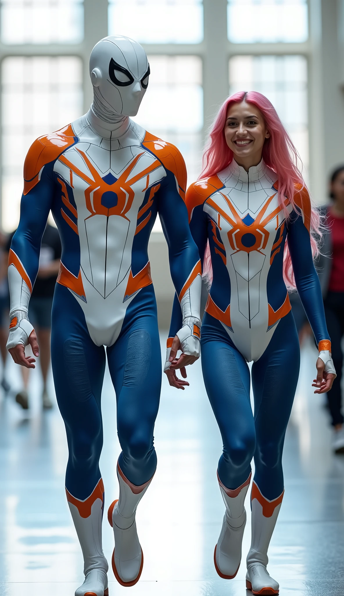 character: 1 young man with mask full head, and 1 young women. They have pink hair and They have Handsome faces.
action: Walk straight and look straight ahead.
Expression : smiling.
Costume : they Wearing futuristic white blue orange Spiderman body suit.
Background : A bright indoor public space , with people vaguely seen in the distance, shows that this picture was taken at a fun event or get-together, maybe a convention or costume . They radiate happiness as they walk confidently in their superhero costumes. Show the whole body.