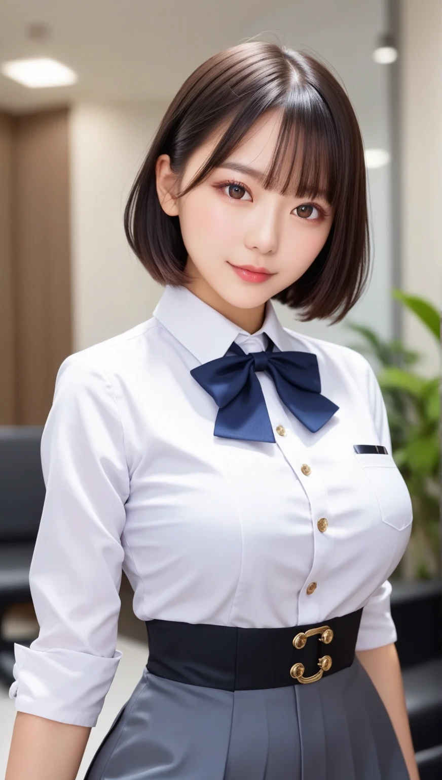 masutepiece, Best Quality, Illustration, Ultra-detailed, finely detail, hight resolution, 8K Wallpaper, Perfect dynamic composition, Beautiful detailed eyes, ribon tie, high , frilled Mini skirt, Very short bob hair, gigantic breasts, Bold sexy poses, Smile, school, 18 years girl, Cute, Sexy shot looking at camera, sunset, by the window,