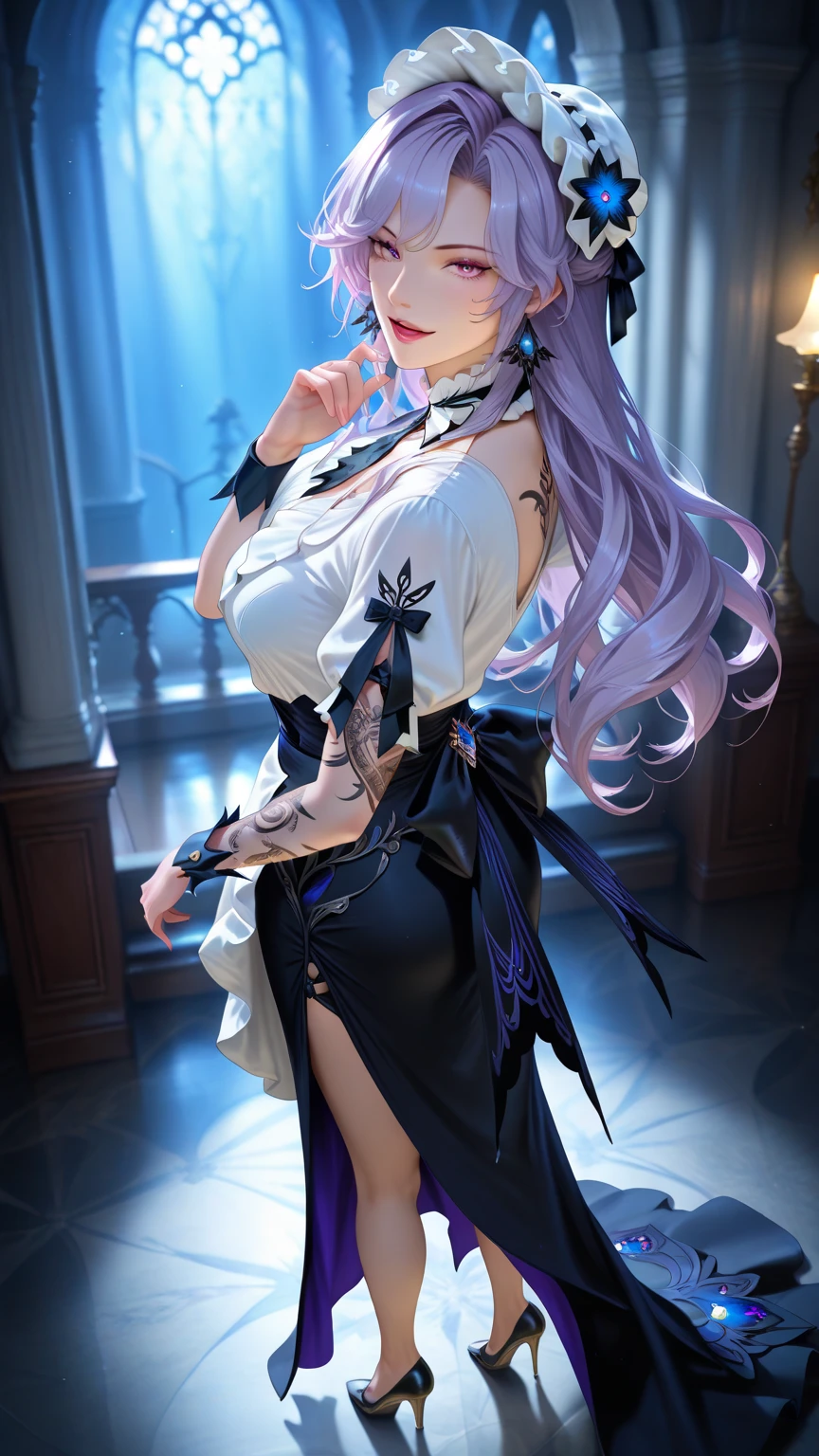A werewolf girl with waist-length silver hair and purple eyes.