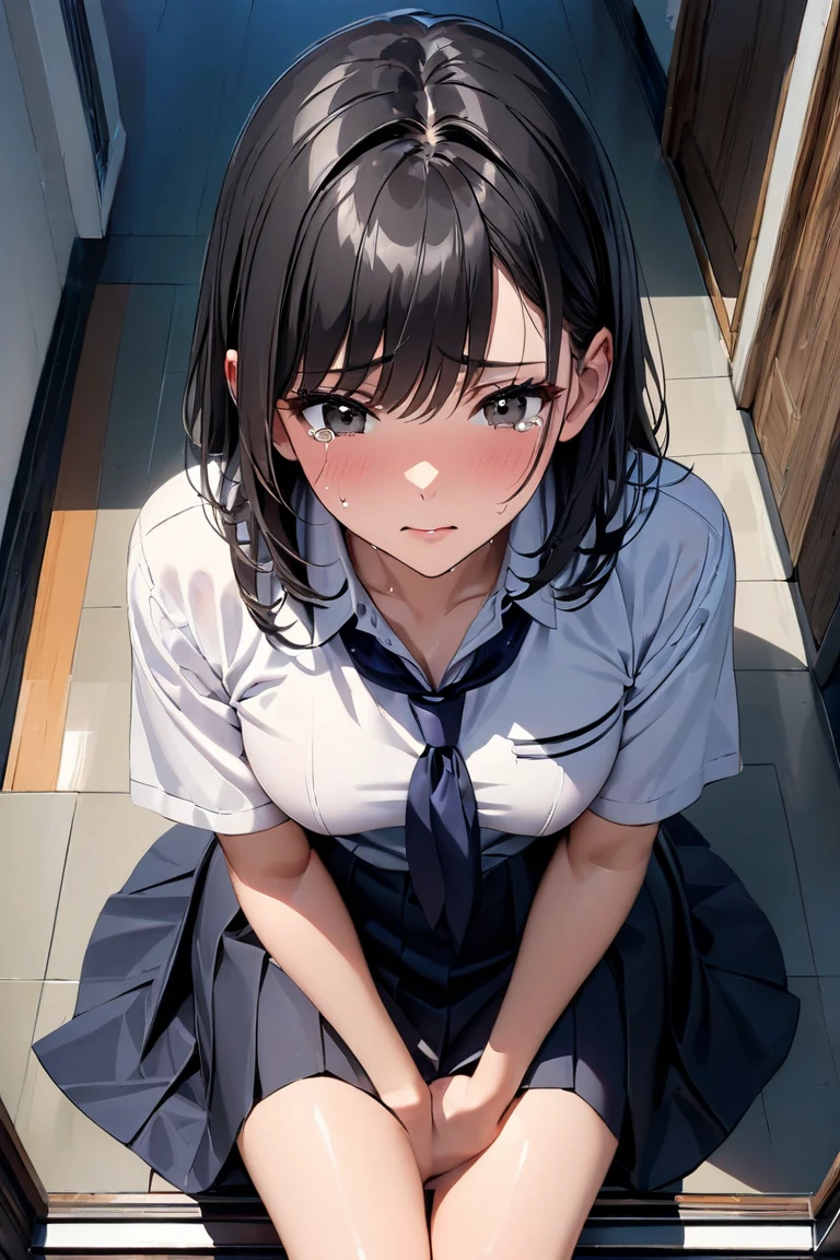 Hands on knees、leaning forward, shooting from above、looking up, Upper Body, Realistic, real person, (pale skin: 1.2), RAW photo, photorealistic, portrait photography, shiny skin, japanese idol、shiny hair、(25 year old woman with straight medium hair with bangs) and (black hair) and (purple eyes) , wearing a business suit、white shirt 、Tight Skirt、(embarrassed:1.3), The background is an office room at night.、Alone、Are standing