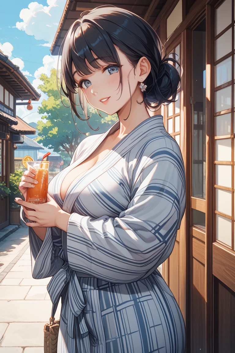 (high quality:1.2,Ultra-realistic) 、Detailed face、Detailed eyes、Beautiful Japanese Woman、22 years old、Black Hair,(Japanese spa),outdoor、Open-air bath,ryokan, BREAK ((wearing Japanese checked pattern yukata,obi)),((one shoulder off)),(((visible nipples,hairy pussy))),((breasts off)),(cleavage),,(Standing in onsen),(steam:1.3),(sweaty:1.3), (Big smile,Happy expression:Pure joy),she has (short twin braids hair with side bangs) and、 (Holding a large beer mug),(blushing:1.5),(drunk face&1.2),(oval Glasses:1.3),(wet skin:1.2),