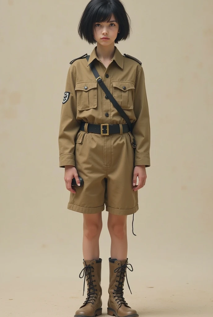 2 boy 15 years old hold together, smile, ((Wear a kaki boy scout uniform)), (Dark blue shorts:1.2),brown belt, black shoes, very handsome Korean guy , Japnese anime model men, (High gloss details), blood vessel, Big muscles, Broad shoulders, looking at the audience, Balancing the big black eyes, background the forest