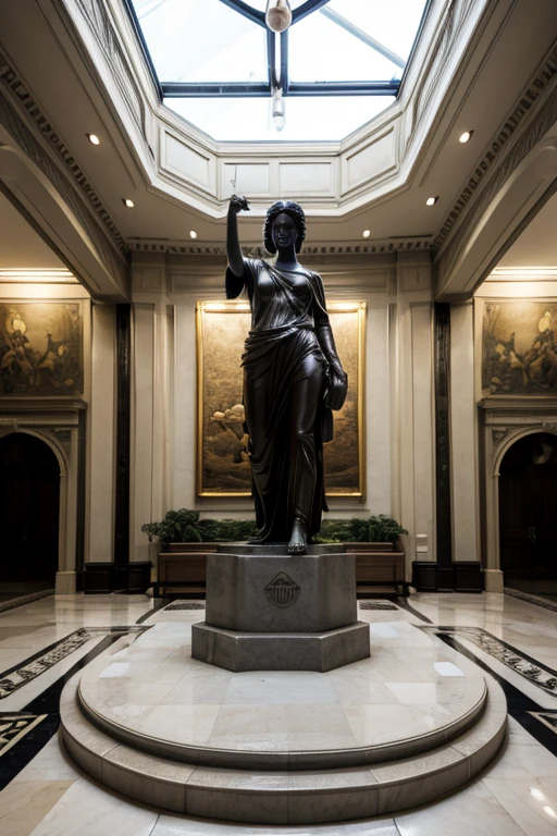 A white marble statue of a , beautiful strong, Woman ,with a stern look in a darkened square at night, in the style of photographers Annie Leibovitz and Peter Lindbergh.