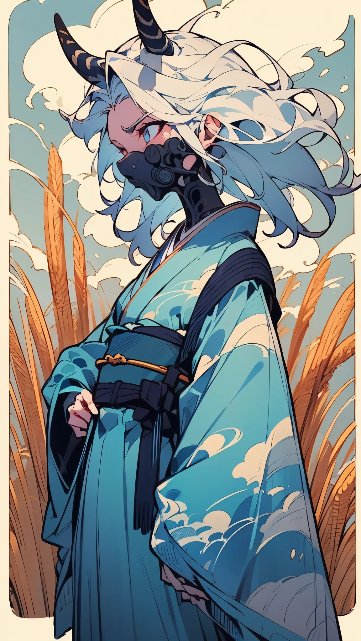 The image depicts a character standing in a field of tall, golden wheat. The character has long white hair and is wearing a blue kimono with a white cloud pattern. The kimono is tied with a black obi, and there is a pink flame design on the obi. The background features a bright blue sky with fluffy white clouds. The character has a pair of black horns on their head, and their face is partially covered with black markings. The overall style of the image is anime-inspired, with vibrant colors and detailed artwork.