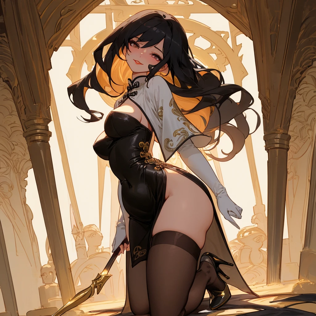Anime Anubis, dark-skinned woman with medium breasts and long black hair with golden cat ears, wearing a long black dress down to her legs and a blue overcoat on her back;