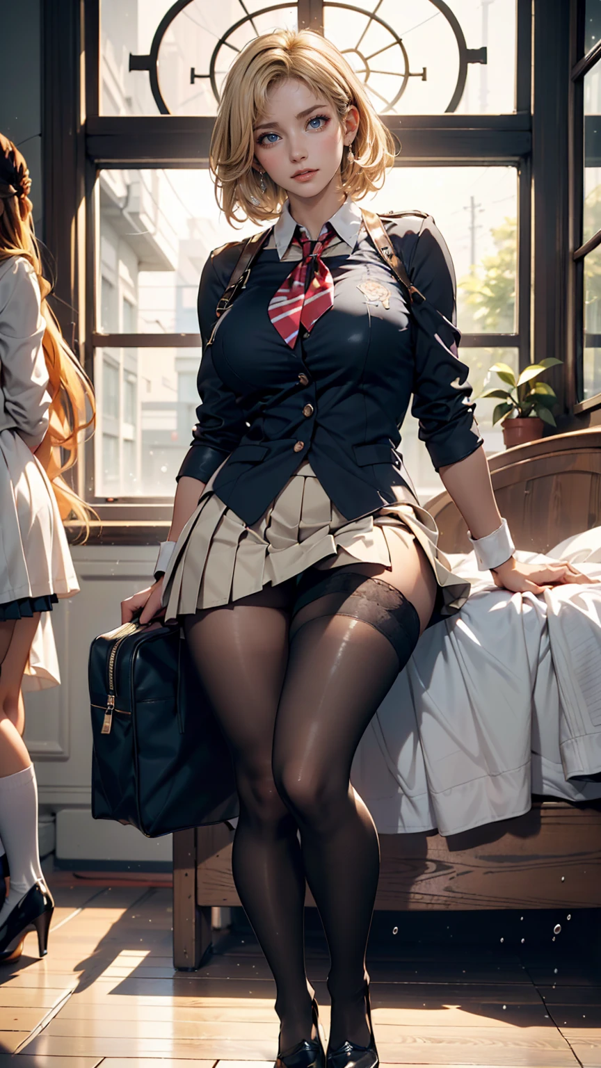 Top quality, masterpiece, High resolution, (Head to toe full body), front, frontやや下からの構図, Symmetric, Tall 18 year old girl, alone, (Head to toe), (Small breasts), Unkempt brown hair, bangs, (black tights), (Black Pantyhose), (Sit with your legs apart), (Crouching pose), (A composition showing white panties), (Her legs were spread、I see your white pants.), (I was made to sit on the floor with my legs spread..), (M-shaped legs), Thin legs, A very beautiful and tall 18 year old girl, (No shoes), blush, Shy big eyes, looking at the camera, Blazer Uniform, Checkered Pleated Skirt