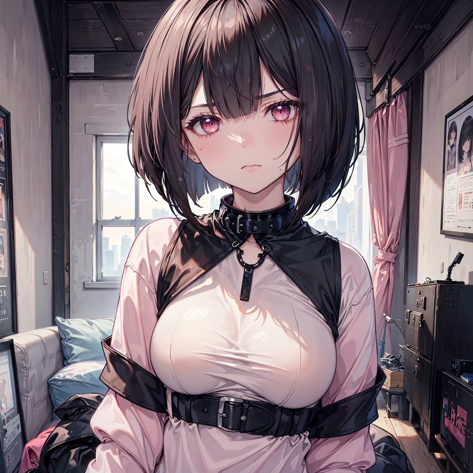 (Ultra-high resolution of the highest quality, masutepiece, Best Quality, 8K, Super Detail, Best Quality:1.3), (Anatomically correct:1.2), (1 girl:1.2), (junior high school student:1.6), (middle breasts:1.2), (drooping eyes:1.3), (blush cheek, blush body:1.3), (wavy hair, braid hair:1.2), (long hair:1.2), (black hair:1.2), (cat ear band:1.4), (glasses:1.3), (collar:1.3), (printed t-shirt, skirt:1.6), (girl's own room:1.4), front view, Extremely cute, (extremely detailed beautiful face), Authentic skin texture, beautiful hair, beautiful face, beautiful eyes, beautiful body, beautiful hands, (sexual aroused, naughty face, seductive smile, trance, orgasm:1.8), (steam:1.4), (sweat:1.6), (hair over eyes:1.3), (looking up:1.3), (open mouth:1.4), (face focus:1.6), cleavage breasts focus, (from above:1.4), (all fours:1.6)