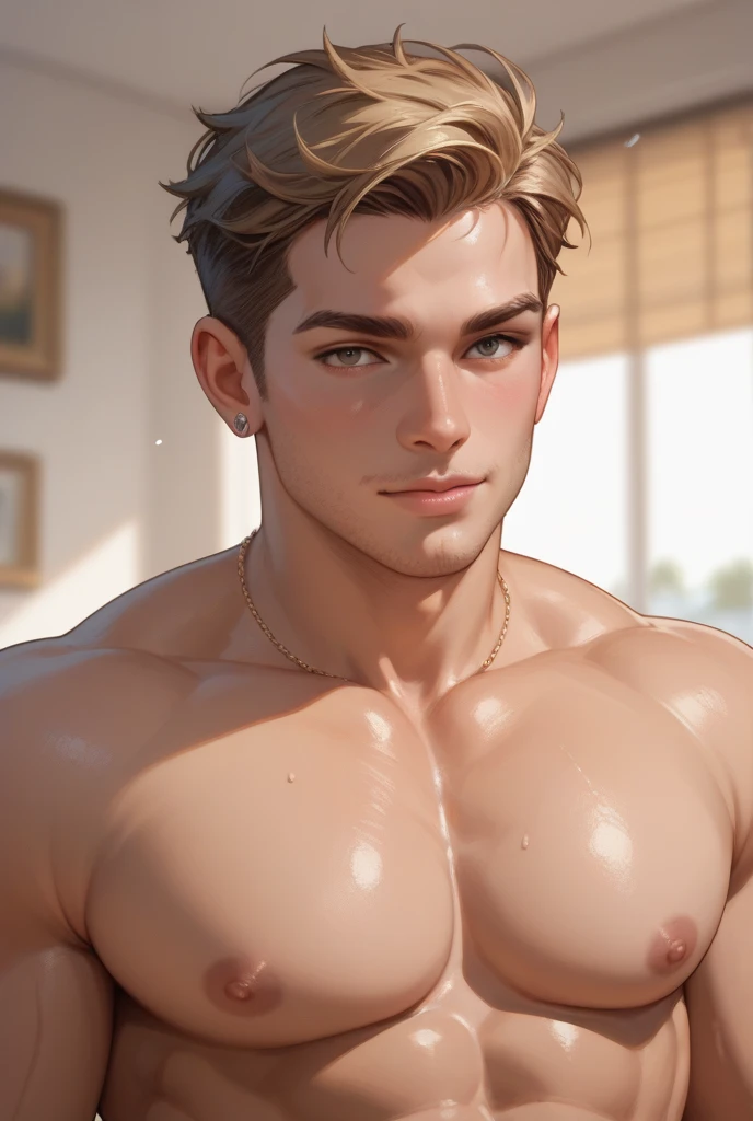 1 boy,Handsome Jack Frost,tall and strong,perfect male figure, eyes looking at camera, shirtless . Wearing a beige underwear thong ((tanned skin)), nude, snow,silver hair,serious expression,necklace,Ray tracing. Smiling
