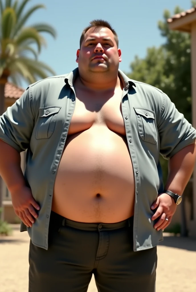 Hyper-realistic very attractive mature handsome fat white man, japanese man, side view, chubby, fat, obese, huge belly, beefy, thick legs, huge calves, standing, half body, at terrace, grey very short hair, well designed grey mustache, thick mustache, hyper-detailed background, cinematic, uhd, 8k, high resolution, perfect result, best quality, detailed work, wearing a shorts