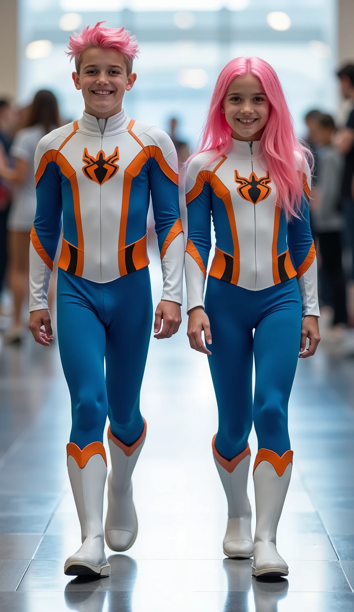 character: 1 boy ,  and 1 girl. They have pink hair and They have Handsome faces.

action: Walk straight and look straight ahead.

Expression : smiling.

Costume : they Wearing futuristic white blue orange Spiderman body suit.

 Background : A bright indoor public space , with people vaguely seen in the distance, shows that this picture was taken at a fun event or get-together,  maybe a convention or costume  . They radiate happiness as they walk confidently in their superhero costumes. Show the whole body.