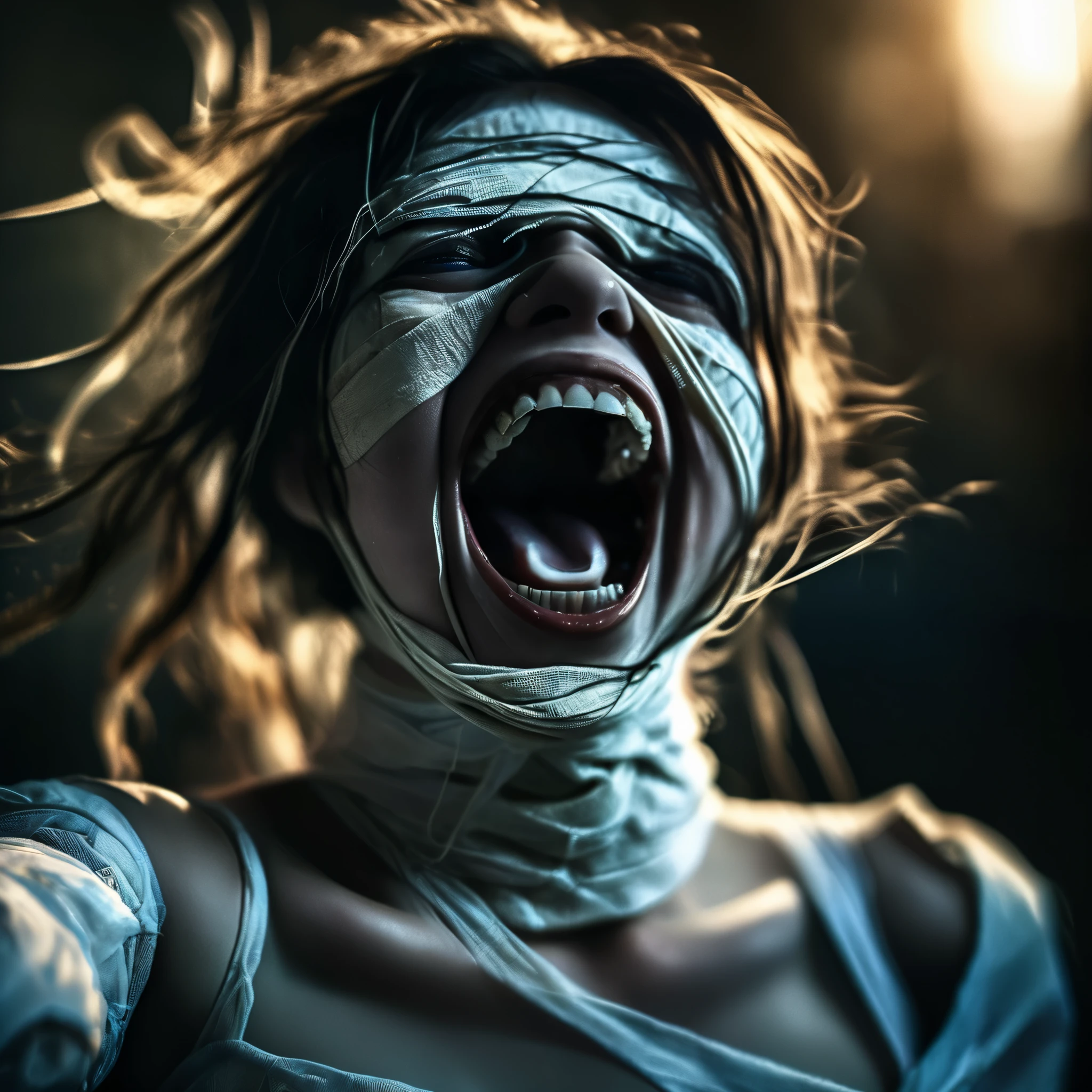 screaming mummy girl with open mouth and visible teeth, bandages, blue eye, professional photo, very detailed and dramatic, expressive cinematic, darkness, bokeh f1.2