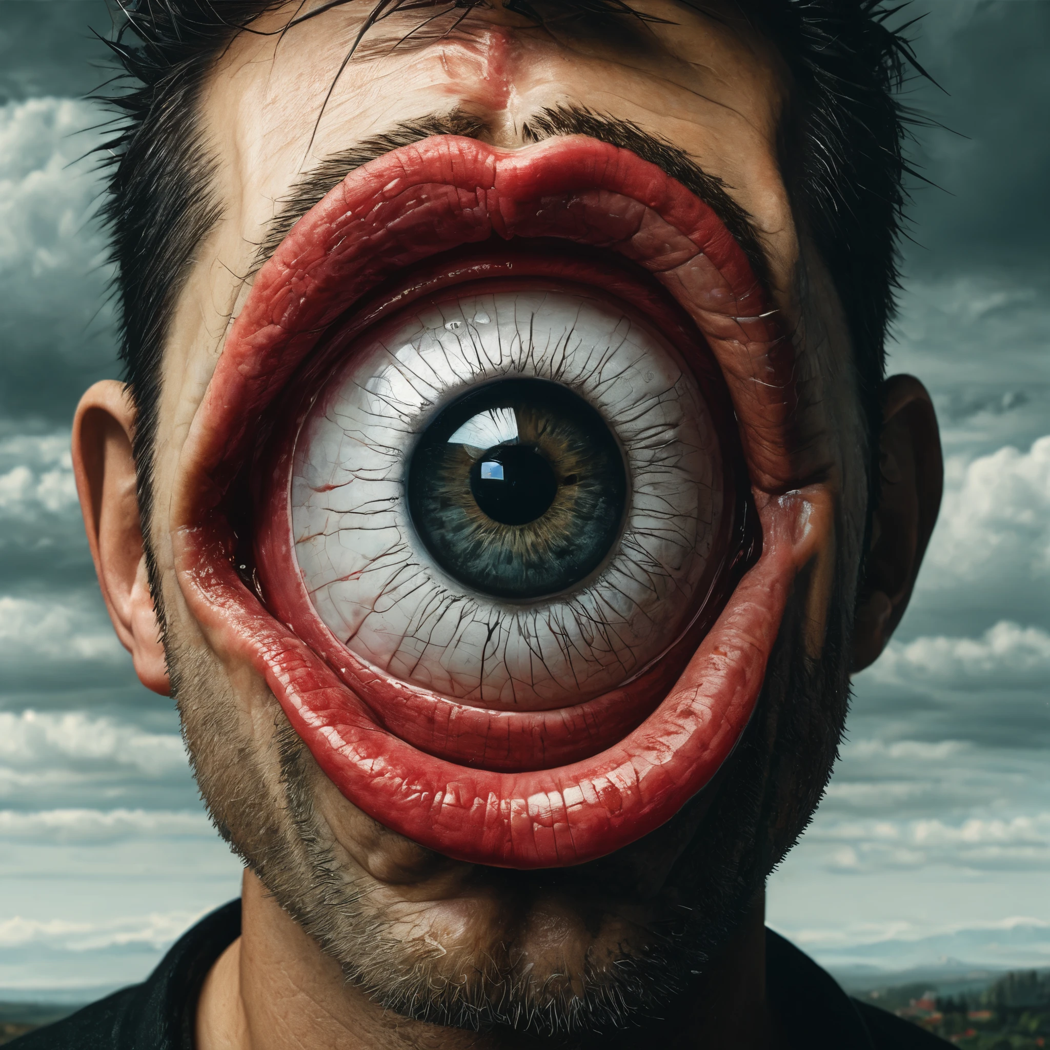 impactful paint of  an eye in the mouth of a man, front view    highly detailed,   8k,   sharp,  professional, clear,   high contrast, high saturated, , vivid deep blacks, crystal clear