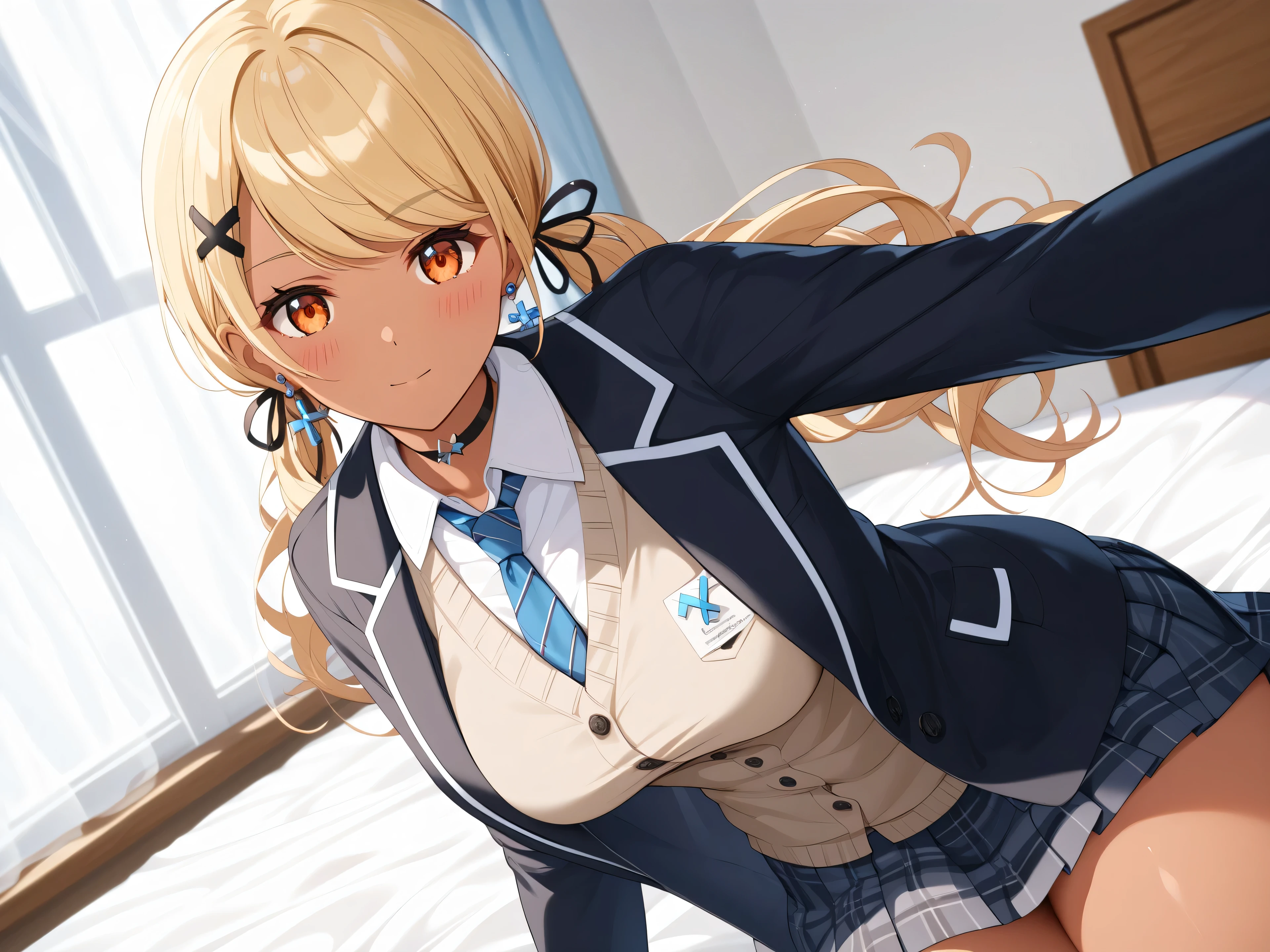 master piece、Best Quality,Super detailed,High resolution,Extremely detailed CG,Unity 8K Wallpaper,weat,score_9, score_8_up, score_7_up, score_6_up, score_5_up, score_4_up, source_anime,QpiOriginal, orange eyes, dark skin, blonde hair, long hair, swept bangs, low twintails, x hair ornament, black hair ribbon、flower hairclip, blue earrings, black choker,school uniform,professional quality、big hip、medium breasts,nsfw,bed room,nsfw,Romanticism、thick thighs,wide hips,NSFW,armpit focus,big butt,Official Art,mature female,perky breasts,arms behind back,arm support,embarrassed,,athletic female