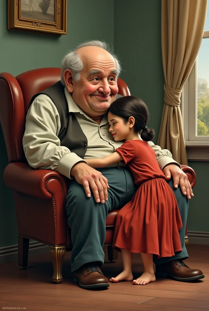 A bald old fat man is sitting on the sofa and kissing Shirley Temple。Retina screen, romanticism,