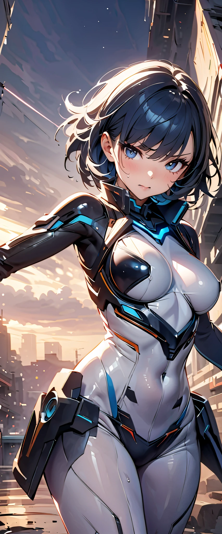 highest quality、Realistic、Women、zoom、Cobalt blue eyes、maroon short hair、Hero Suit、Glossy white bodysuit、Blue accents、slender、Dark Skin、Rooftop、An inappropriate smile、Bust Shot、