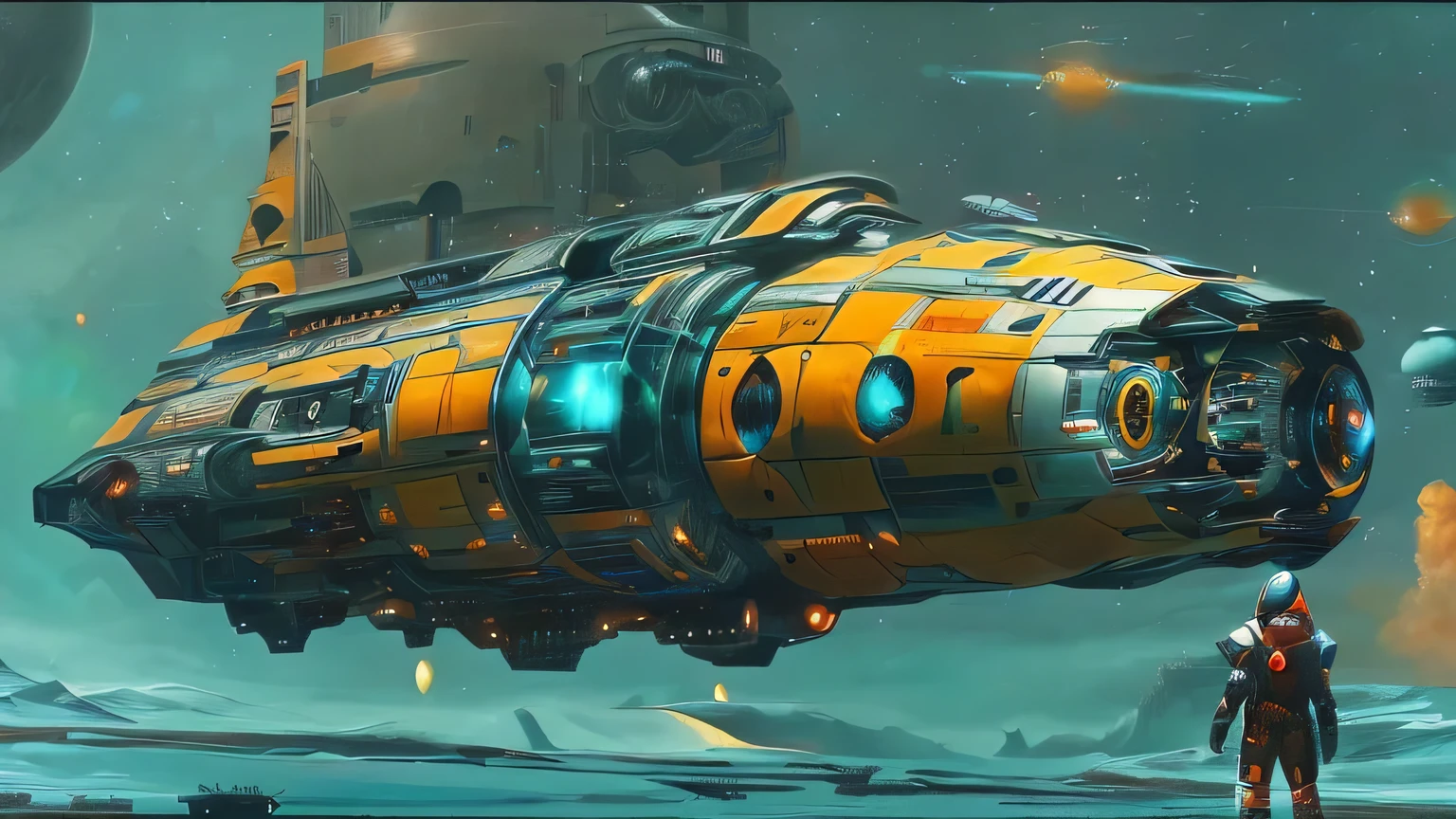 a close up of a person standing in front of a spaceship, greg beeple, spaceship concept art, painting of ornate space ship, detailed spaceship, detailed crash space ship, an epic space ship scene, cargo spaceships, sci-fi space game art, space ships, detailed sci-fi art, sci - fi spaceship in combat, futuristic spaceships