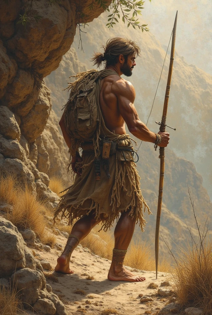 Morning sun rise,stone era man hitting to big stone