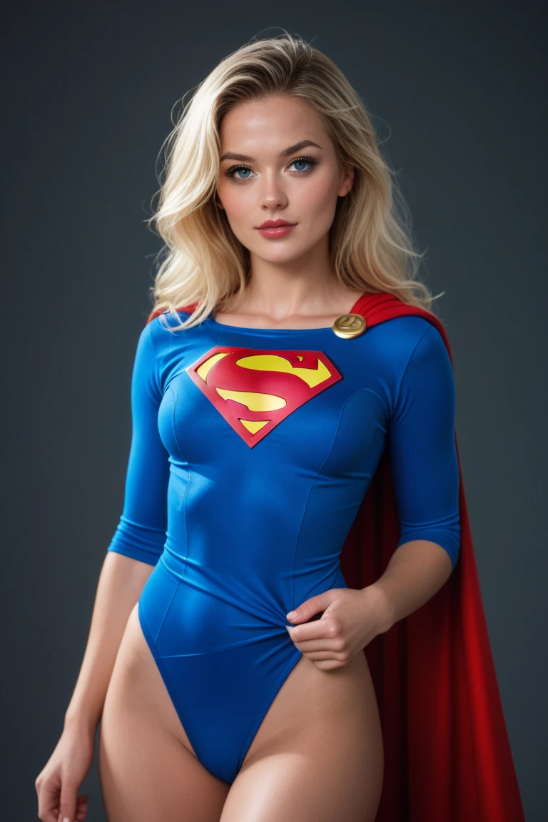 Hyper photo realistic picture perfect supergirl, perfect face, thin curved platinum blonde eyebrows, long luscious eyelashes, thick black eyeliner, black eye shadow, big eyes, Florence blue eyes, bright cheek makeup, bright red lipstick, beautiful perfect face. Curved lips, skimpy supergirl outfit, perfect round breasts, slinder waist, perfect hips, perfect ass, krypton giant planets on sky