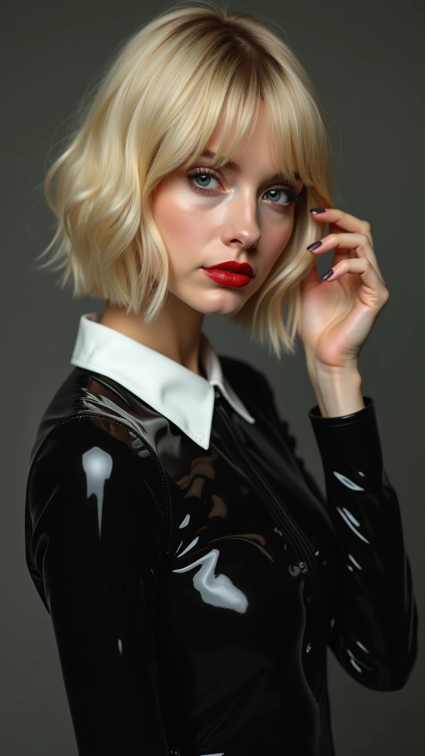 ultrarealistic high quality mugshot photo of a beautiful busty european 18-year-old  girl with cute hyperdetailed shy happy face and shoulder length platin-blonde classic bob and long legs, realistic round eyes, red lipgloss, decent makeup with eyeliner, wearing black button-up satin blouse, cleavage, hourglass body, indoor office photography