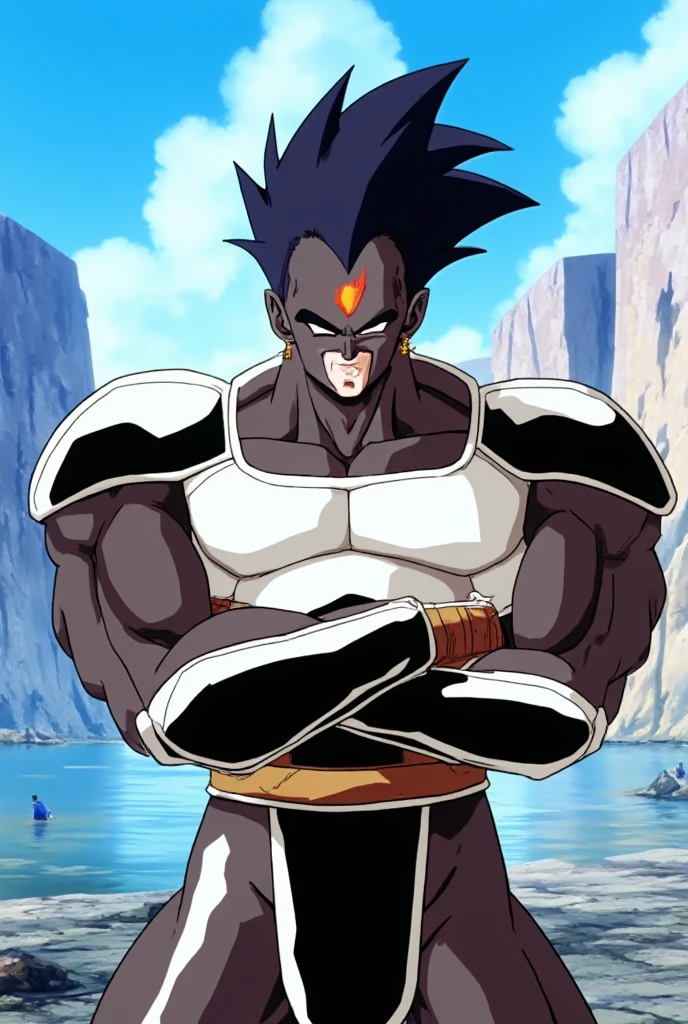Goku black with a white anbu mask with some small red stripes that cover his entire face but you can see his hair and only his head and you write a logo with this name Grinyou. The mask has to cover his entire face, but it has to be Goku Black, it has to be daytime, and it has to be anime.