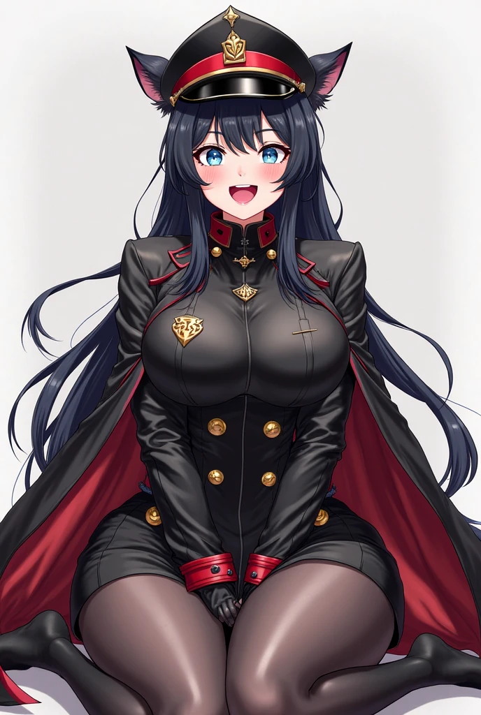 masterpiece, Highest quality, One girl, alone, pantyhose, ((mini skirt)), Black Hair, squat, Long Hair, gloves, Purple eyes, White Background, Cape, belt, white gloves, View your viewers, red Cape, Simple Background, black shorts, Black footwear, bangs, grey pantyhose, front leg pose, whole body, hair ornaments, collar, chest, black pantyhose, Long sleeve, Jacket, uniform, Epaulettes, boots, Spread your legs, Open your mouth, (masterpiece、Highest quality、Super Fine、High resolution、Genuine、Sharp focus))、Face Light、((And yet delicate and beautiful))Sexy figure、((大きなchest)),((Bright eyes)),chestの谷間を強調,((Spread your legs wide)),Sexy Underwear,Embarrassed,Watery eye,((Pull up your skirt)),nsfw:1.9,spread legs,(((Sweat)),((Pubic Area Showing)),,((Stick your butt out)),((Beautiful Eyes))
