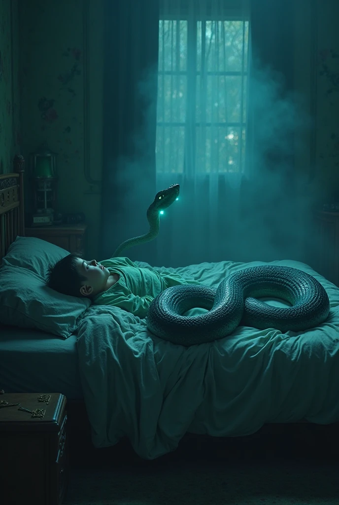 Snake in the brain, back light , dramatic ((masterpiece, Highest quality, Best image quality, High resolution, Realistic, RAW Photos, 8k)), ((Highly detailed CG synthesis 8k wallpaper)), (lean and slim, Very depressed face,
Perfect Proportions, Slim body beauty:1.4), The body of a college boy lying in bed , in green light, seen from below,