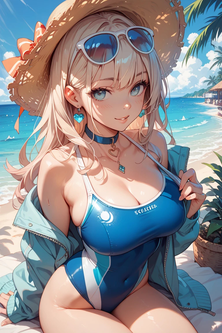 ((top quality, high resolution, highly detailed CG Unity 8K wallpaper)), detailed face, perfect body, incomparable beauty, curvy but slender body, perfect eyes, perfect face, perfect lighting, one girl, detailed castle background, long hair, curly hair, bright beautiful face young, shiny white glossy skin, best beauty, most beautiful bright blonde in the world, fine hair, french updo hairstyle, shining beautiful bangs, shining clear big blue eyes, very beautiful and lovely 17 year old world's most beautiful girl, big ample breasts, ((beautiful smile)), sexually aroused expression, ((sexy white swimsuit)). ((The background is the blue summer sea and water cottages))