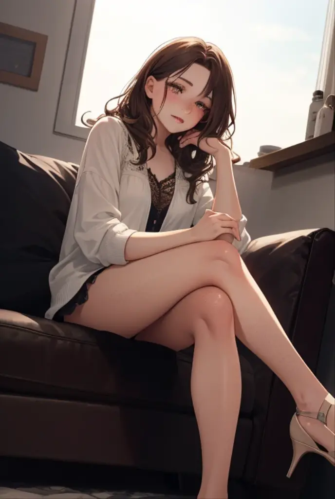 masterpiece,(Perfect Anatomy:1.5), highest quality, a lady , slender, leggy, Seductive, short hair, brown hair, (wear a white long sleeved shirt:1.5), white bikini panties , Perfect hands, Perfect body, reclining, lying on a sofa, throw her legs over the sofa, leg up , shirt lift, (barefoot), looking away, ((Exquisite detail)), Very finely crafted fingers(((10 fingers))), (((two legs))), (full body showcase), (Show your whole body), (no background), (No logo) , high resolution, see her private part , telephoto lens, parted lips, tie