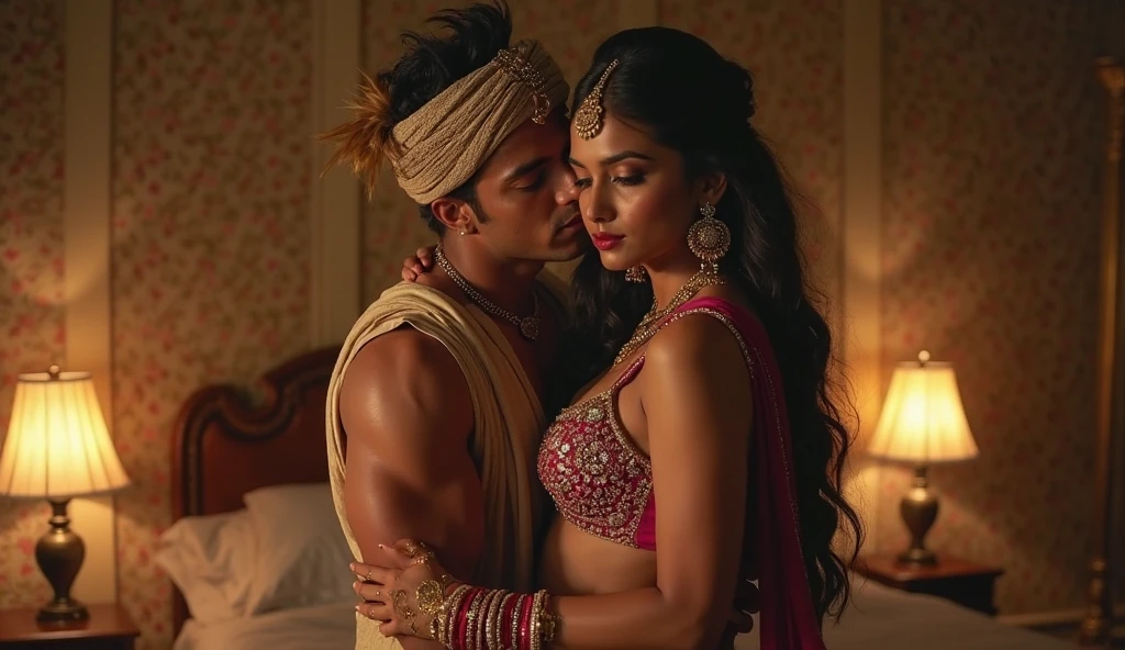 Beautiful princess in indian red gold plated lahenga, necklace, jewelry, hair accessories sleeping with an ancient indian handsome king in Dhoti and no upper garment, ancient indian male jewelry and neck length hair with ancient indian male hair accessories 