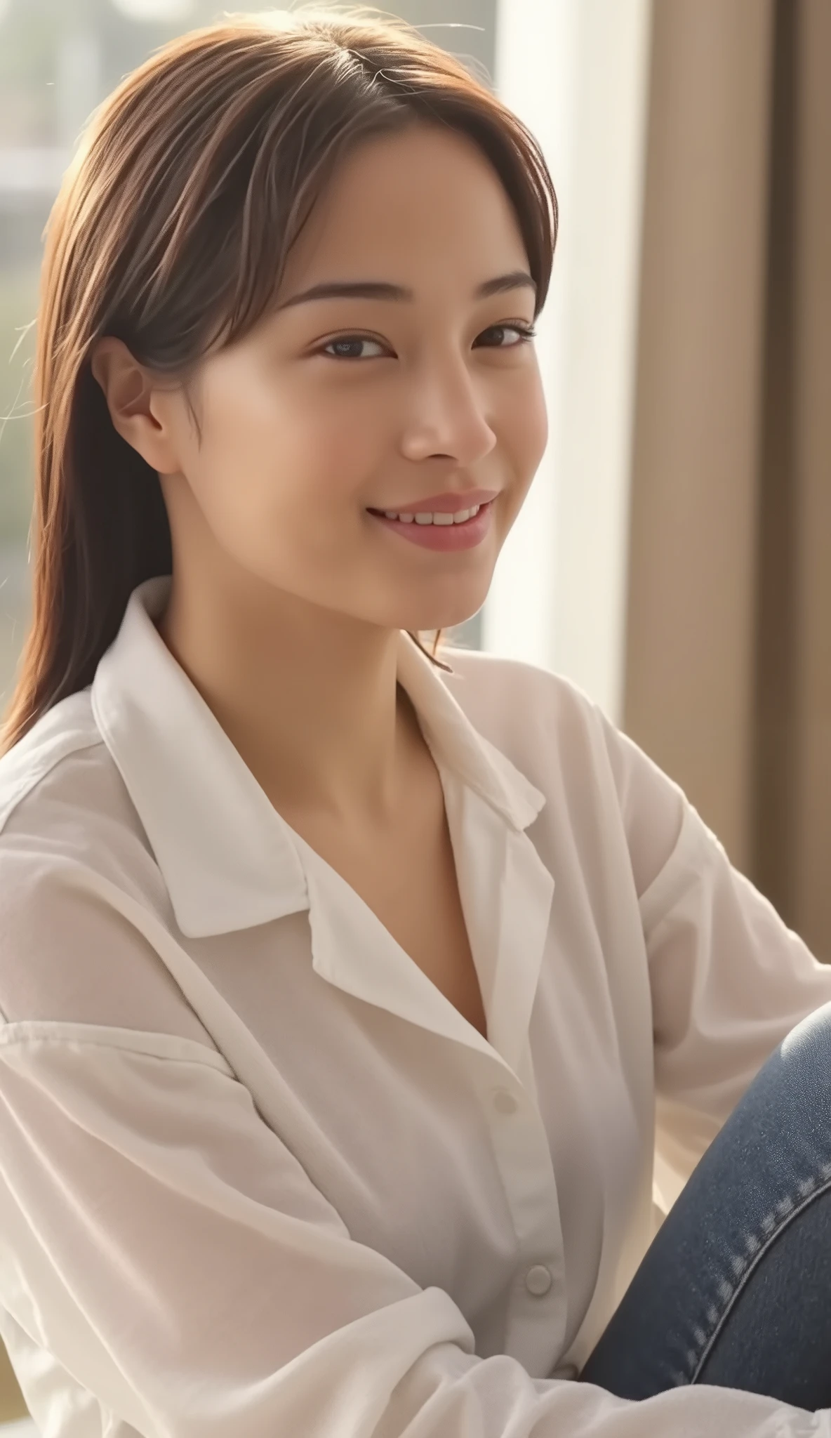 Eye Height Shots, sitting, Tall to the eye, loose fit, oversized white collared shirt and denim jeans, The shirt is just a shirt、she wears it loose, I only wear a shirt on my upper body、 not wearing  、(((bras))),   Half Body Shot  , Soft shadows and、Basking in the sunlight, smile, very realistic, detailed skin texture