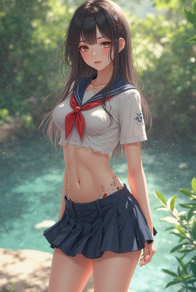 (((toppless))), (((Open legs))), (large full breasts), (cleavage), ((Smooth texture, Realistic texture, Photorealistic)), ((Detailed beautiful eyes, Beautiful eyelashes, Realistic eyes)), extremely detailed CG unified 8k wallpaper, very fine 8KCG wallpaper, (masterpiece, Best Quality), High resolution, Ultra-detailed, ultra-sharp, 1 Lady, Naked, at poolside, ((( sheerwhite sailor shirt, Sleeveless, Open front))), (((Navel ))), (((Sheer Micro Mini Skirt))), (Beautiful face, Cute face, Detailed face), (((Cowboy Shot))), (((Sunny))), Perfect Eyes Eyes