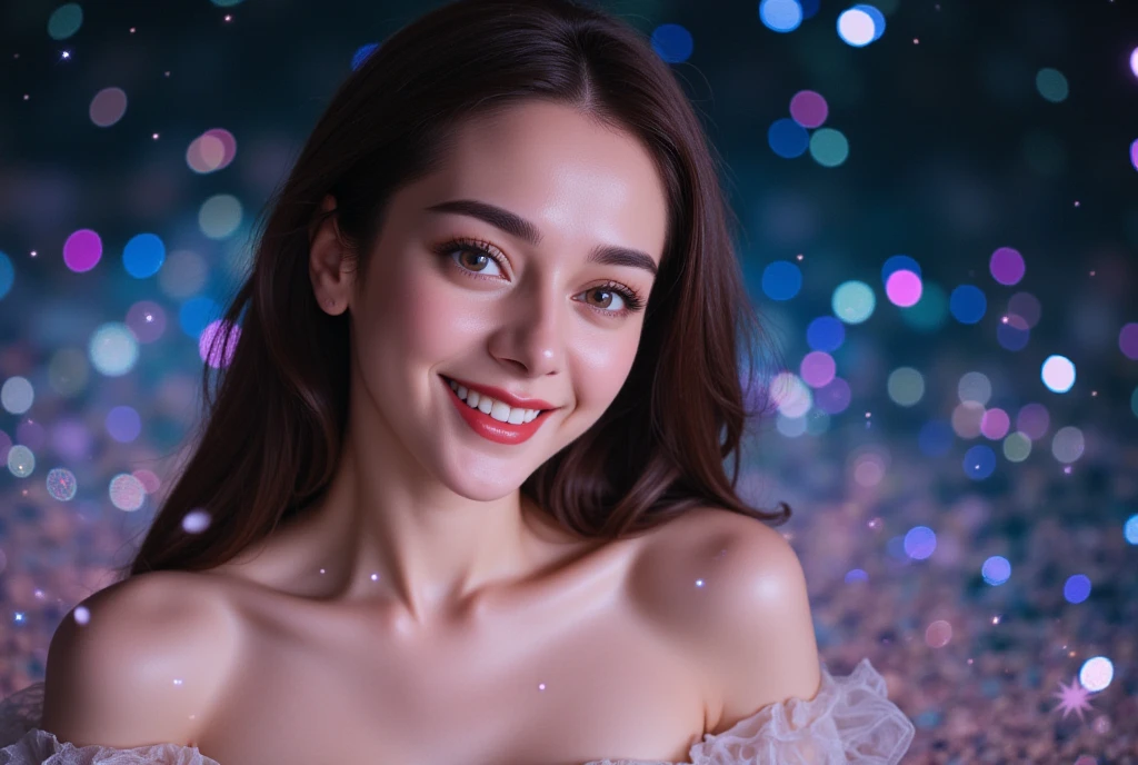 (UHD, retina, masterpiece, ccurate, anatomically correct, textured skin, super detail, high details, high quality, best quality, highres, 1080P, HD, 4K, 8k, 16k), (beautiful detailed eyes, beautiful detailed lips, extremely detailed eyes and face), studio lighting, physically-based rendering, vivid colors, (big tits, super big tits, super extra big tits, glamorous body), (crown, queen red robe), (portrait, shiny hair, shiny skin), (bokeh), (tilt your head to the side:1.5), eye reflection, (blush, smile:1.5), (firework:1.2),