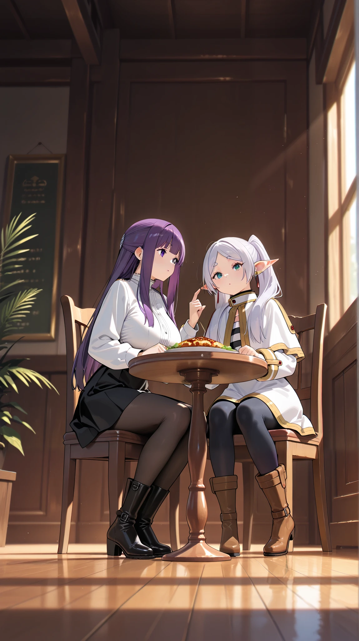 (software:1.5), (realistic), (masterpiece, Best Quality, high resolution, Details Hand , detail finger , cinematic shadows、detail face, Detailed feet, big eyes、perfect lighting),Dutch angle、wide hip、curvy、 ( multiple girls, Details Girls , Anime Frieren),Short、(white hair, twin tails, Big Breasts),white clothes、 (Anime Frierenの服),Thick Striped Inner、miniskirt、black tights、brown boots、(two girls,(fern), purple hair )、(fernの服、black clothes、white inner、boots), (fantasy、meal、sitting on a chair from saide,),very wide shot、(Sharing a meal)