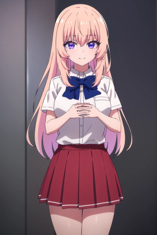 What is the name of honamiichinose , Ichinose Honami, long hair, Gold, (purple eyes:1.1), hair between eyes, smile,
break skirt, bow, school uniform, pleated skirt, bowtie, blue bow, (red skirt:1.2), collar shirt, white shirt, Short sleeve,
break indoors, classroom,
break looking at viewer, (cowboy shooting:1.5),
break (masterpiece:1.2), Best Quality, high resolution, Unity 8k Wallpaper, (illustration:0.8), (beautiful and detailed eyes:1.6), highly detailed face, perfect lighting, highly detailed CG of the Ice Castle, (perfect hands, perfect anatomy),