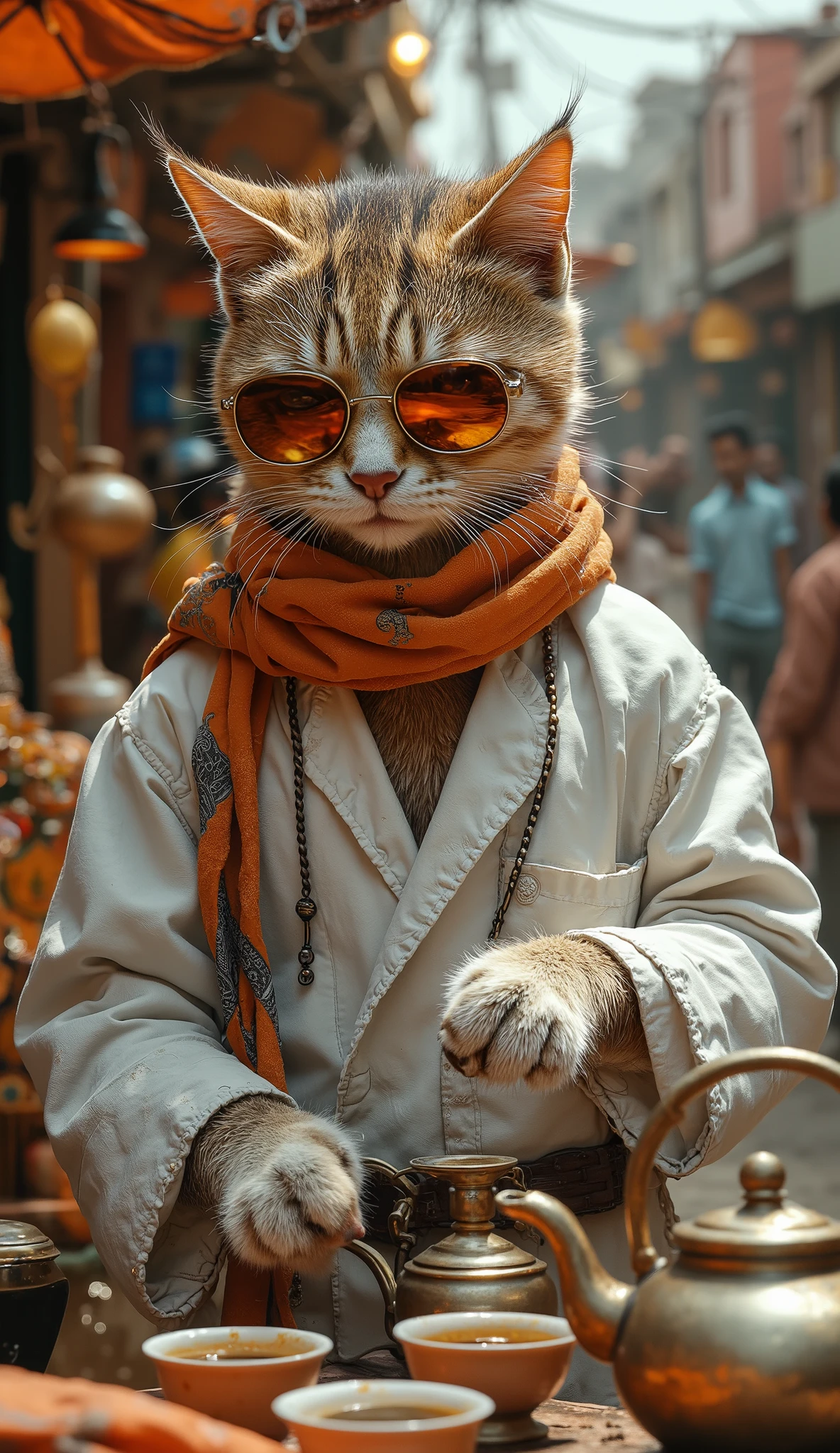 a human like cat wearing a orange indian gamcha around his neck and white kurta , he is a tea seller, poring tea in a cup on an indian tea stall on road. wearing sunglasses