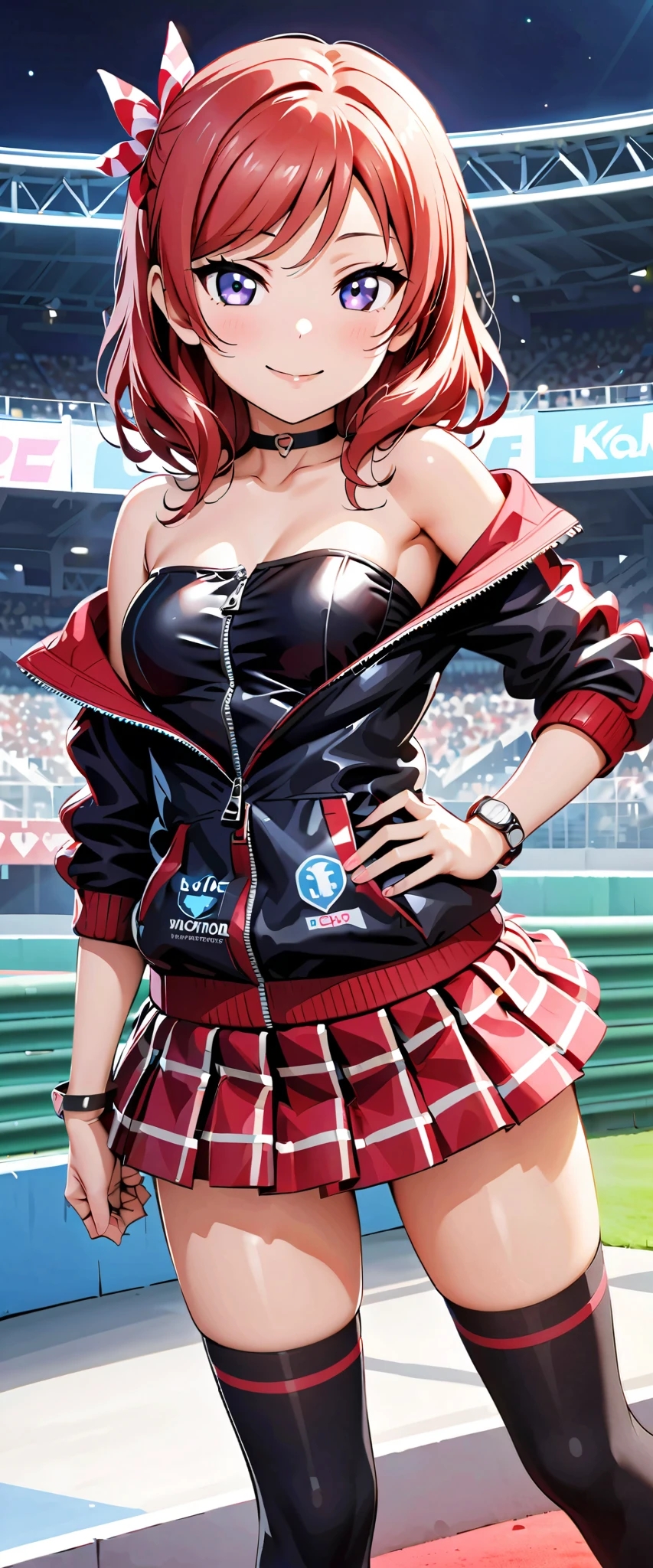 top quality, ultra high definition, One person, smaller breasts, black choker, smile, exposes shoulders, focus only , watch viewers,Fair skin,Car racing track,photon mapping, physically-based rendering, RAW photos , very detailed background, K-pop Idol ,is written in depth,hair ornament,detailed face, glowing skin, game cg,full body, shiny micro mini skirt ,shiny micro tube top,shiny knee-high long boots,race queen,Medium breast,Sexy Poses,tall and low sports cars,Hold a jacket in your hand ,gross lips