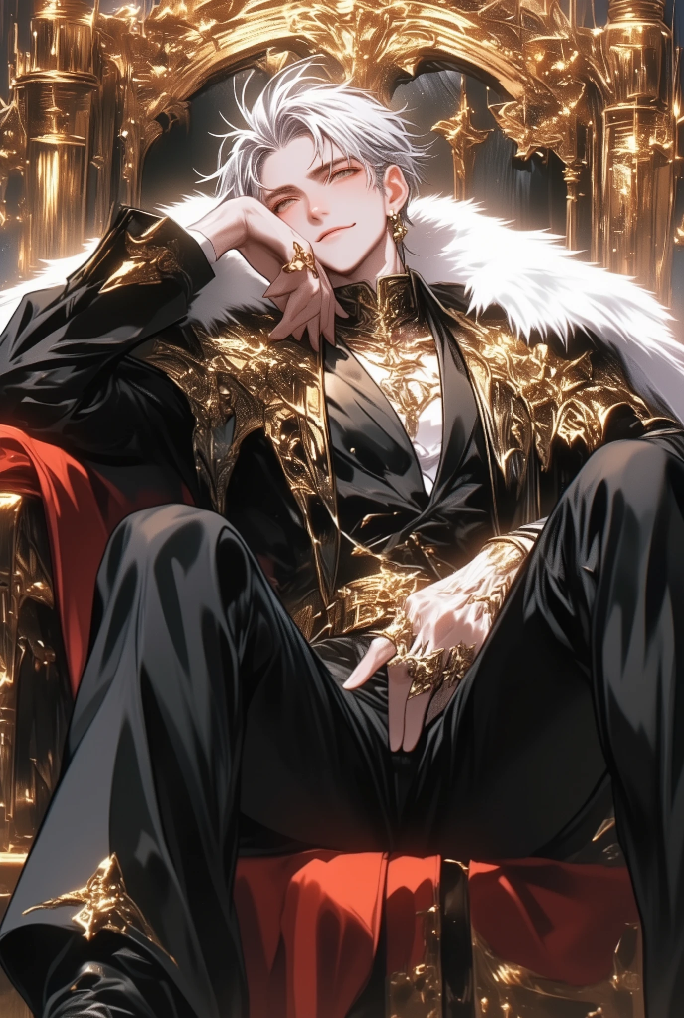 A handsome man, sitting alone, long white hair, yellow eyes, and a cold, majestic face. He is wearing a black shirt, a black and white suit, and black dress shoes. He is seated on a golden chair adorned with extremely beautiful and majestic dragon-engraved details. The image should depict a perfectly detailed, full-body figure in 8K resolution, ultra-high definition.