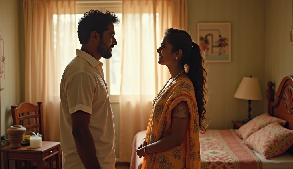 "A indian woman is standing in her home, engaged in a conversation with her husband. She is dressed casually, her posture attentive and involved in the discussion. Her expression is a mix of concern and determination, as she speaks directly to her husband, who is either seated or standing nearby. The room is cozy and warmly lit, with personal touches like framed photos and comfortable furniture, creating an intimate atmosphere for their conversation."