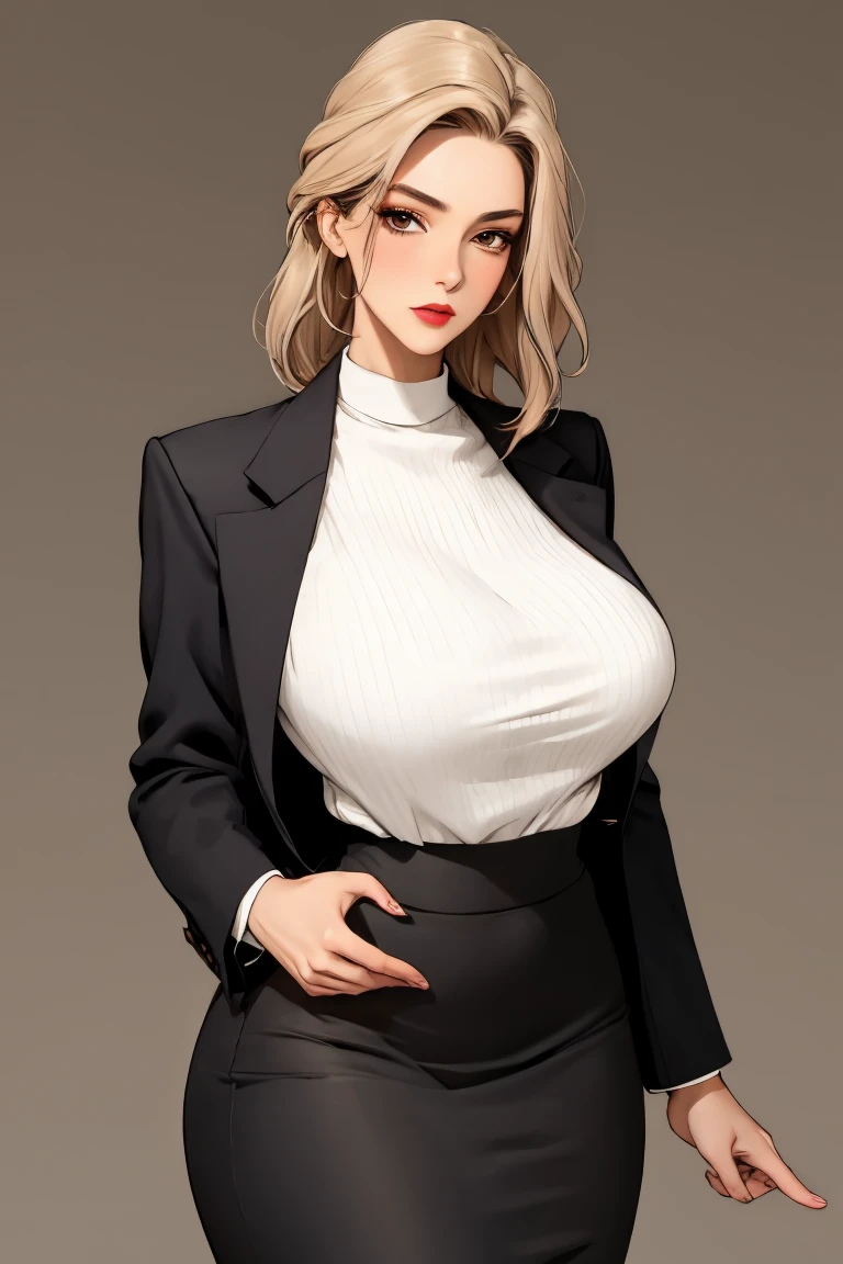 (table top:1.2), (highest quality:1.2) perfect face, 1 girl, full shot, wide hips, lip whole, big breasts, soft belly, long eyelashes, mature, office lady, curve,giving blowjob and boobjob