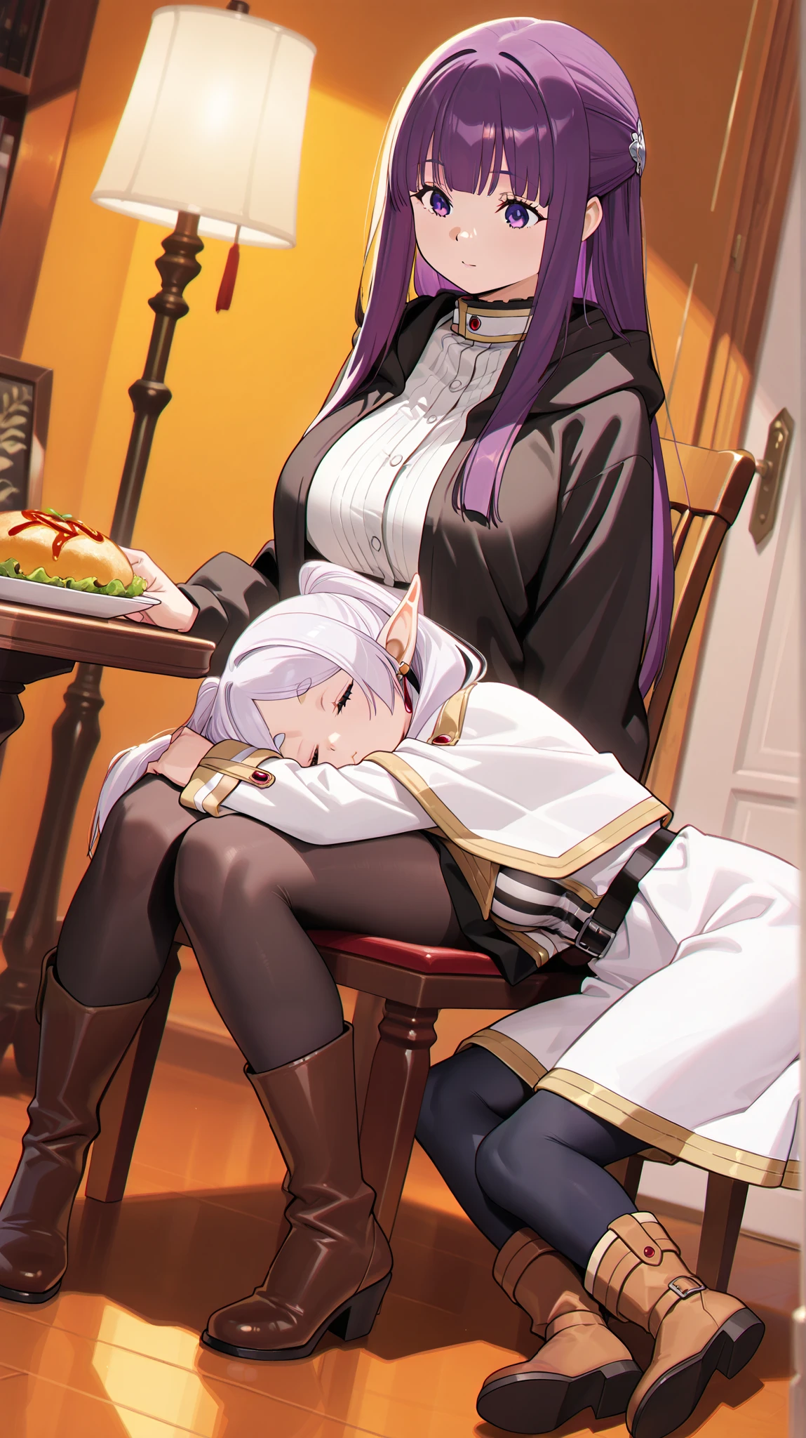 (software:1.5), (realistic), (masterpiece, Best Quality, high resolution, Details Hand , detail finger , cinematic shadows、detail face, Detailed feet, big eyes、perfect lighting),Dutch angle、wide hip、curvy、 ( multiple girls, Details Girls , Anime Frieren),Short、(white hair, twin tails, Big Breasts),white clothes、 (Anime Frierenの服),Thick Striped Inner、miniskirt、black tights、brown boots、(two girls,(fern), purple hair )、(fernの服、black clothes、white inner、boots), (fantasy、room、meal、chair in a half-sleeping position、from saide,),very wide shot、(Sharing a meal)、Gazing、