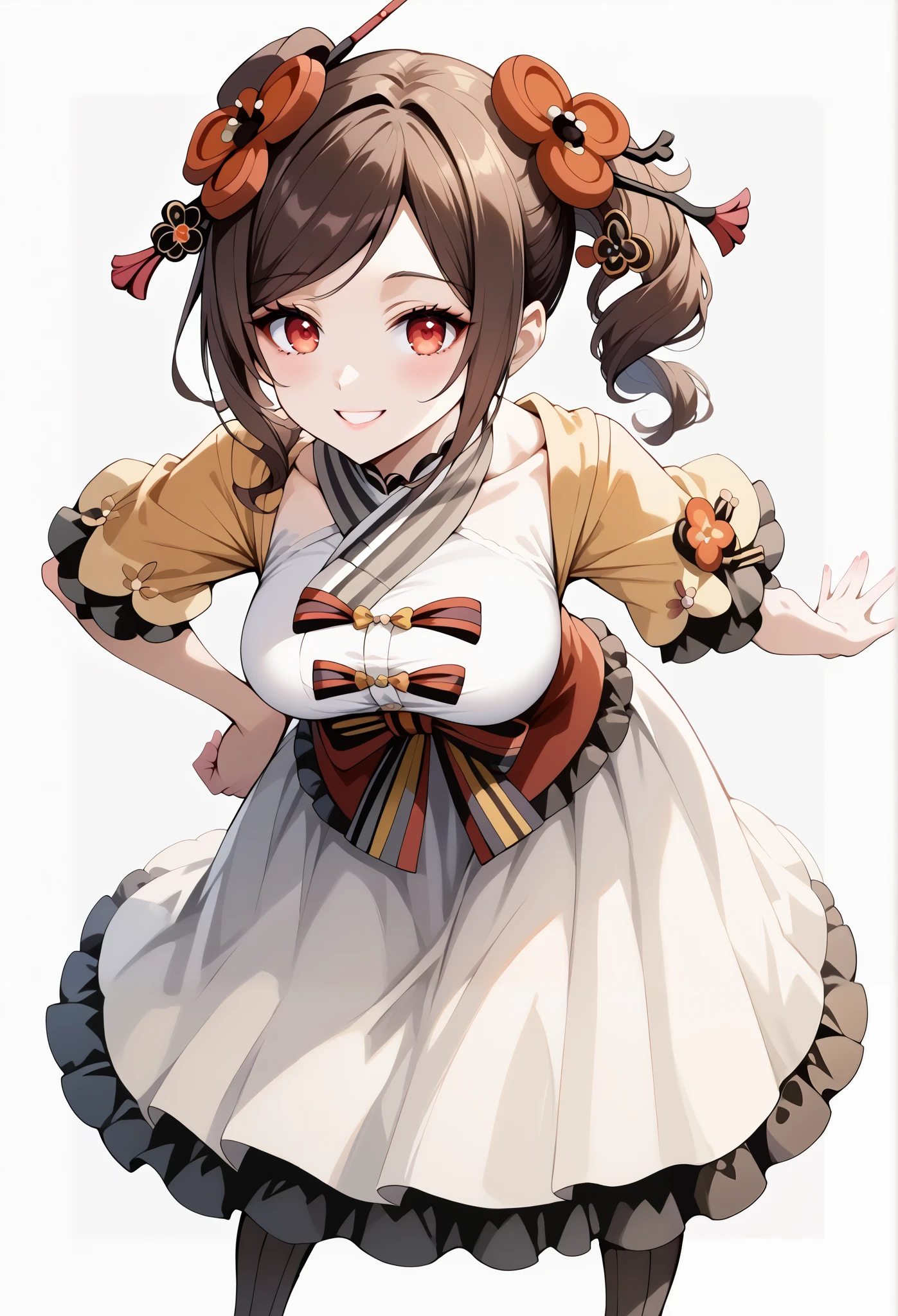 score_9, score_8_up, score_7_up, source_anime, 4K,perfect fingers,(perfect hands, perfect anatomy),prefect lighting, very aesthetic, intricate details,highly detailed background, masterpiece, high quality, best quality,
1girl,Solo,genshinchiori, chiori, brown hair, hair ornament, red eyes, hair flower, large breast,
wearing ((casual dress,frills,ornate clothing, )),,
looking at the spectator, cowboy shot, filed, high thigh individual , (large breasts:0.9),Stand up,fullbody,((White plain background:1.5)) ,smile, ((leaning forward:1.3)), ((top angle view)),