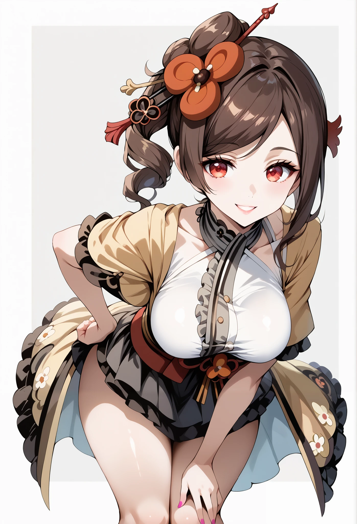 score_9, score_8_up, score_7_up, source_anime, 4K,perfect fingers,(perfect hands, perfect anatomy),prefect lighting, very aesthetic, intricate details,highly detailed background, masterpiece, high quality, best quality,
1girl,Solo,genshinchiori, chiori, brown hair, hair ornament, red eyes, hair flower, large breast,
wearing ((casual dress,frills,ornate clothing, )),,
looking at the spectator, cowboy shot, filed, high thigh individual , (large breasts:0.9),Stand up,fullbody,((White plain background:1.5)) ,smile, ((leaning forward:1.3)), ((top angle view)),